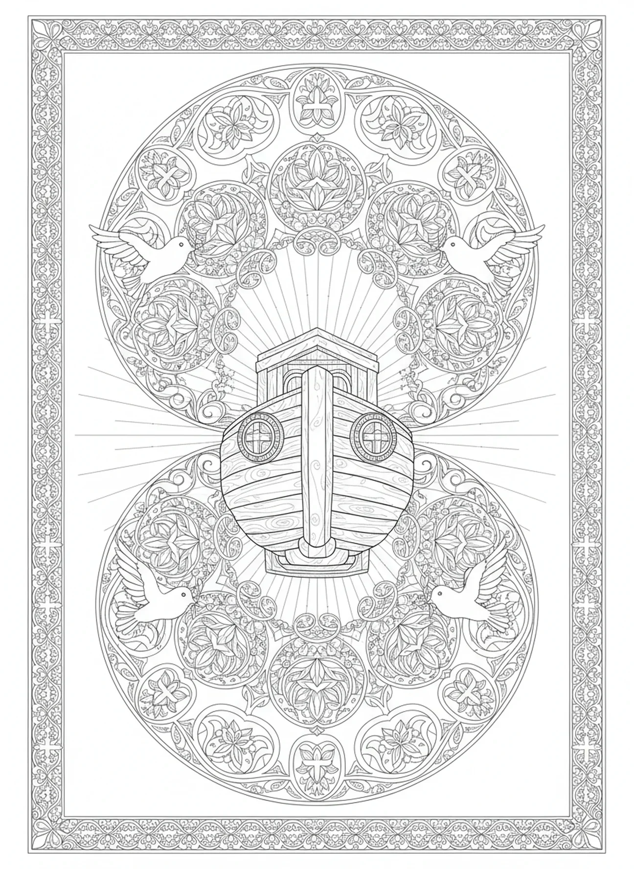 Arche rayonnante avec des colombes, Éphésiens 2:8-9 page à colorier pour adultes dans un style de journal biblique