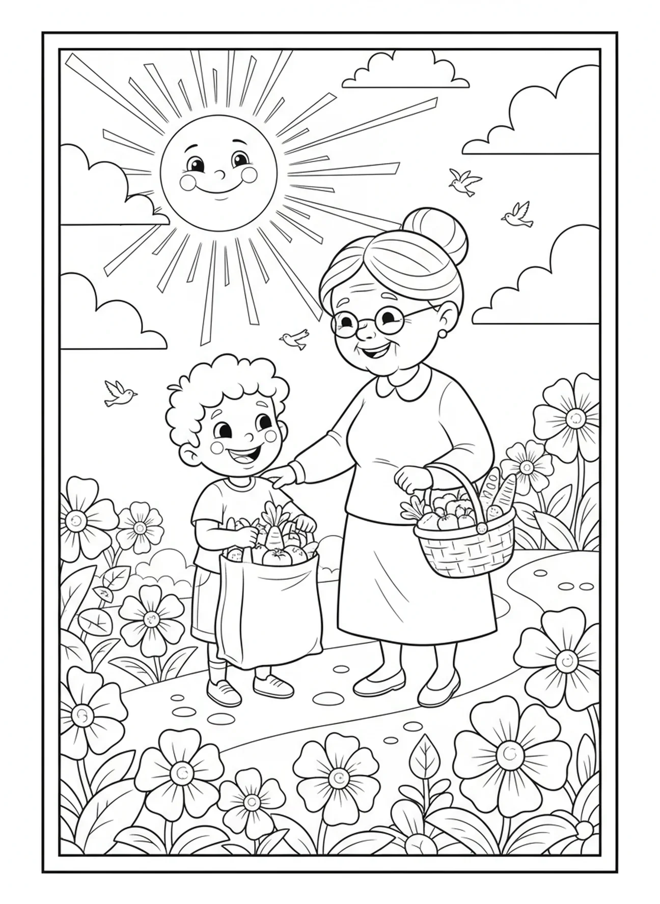 Kind hilft älterer Person, Epheser 2,8-9 Malvorlage für Kinder im Alter von 5-10 Jahren.
