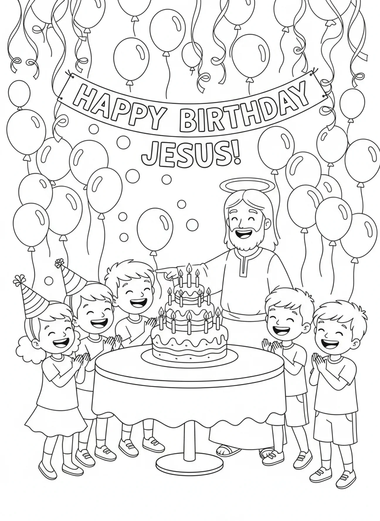 Kinder feiern Jesu Geburtstag, Epheser 2, 8-9 Malvorlage für Kinder im Alter von 5-10 Jahren.