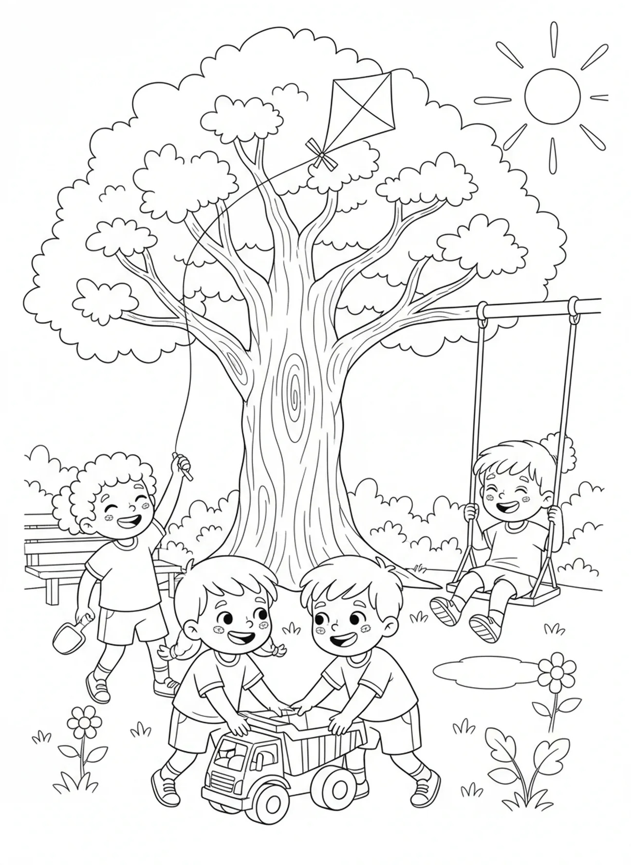 Gruppe von Kindern, die spielen, Epheser 2, 8-9 Malvorlage für Kinder im Alter von 5-10 Jahren.
