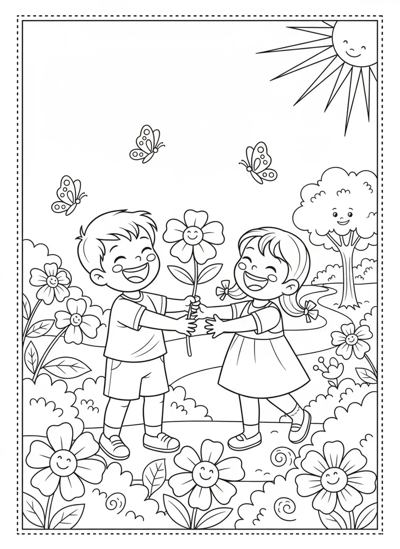 Kind, das einem Freund eine Blume schenkt, Epheser 2, 8-9 Malvorlage für Kinder im Alter von 5-10 Jahren.
