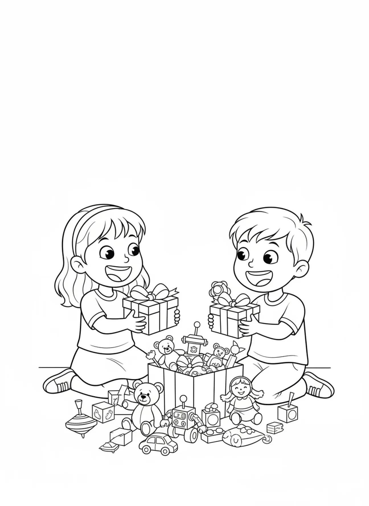 Kinder, die Geschenke teilen, Epheser 2, 8-9 Malvorlage für Kinder im Alter von 5-10 Jahren.