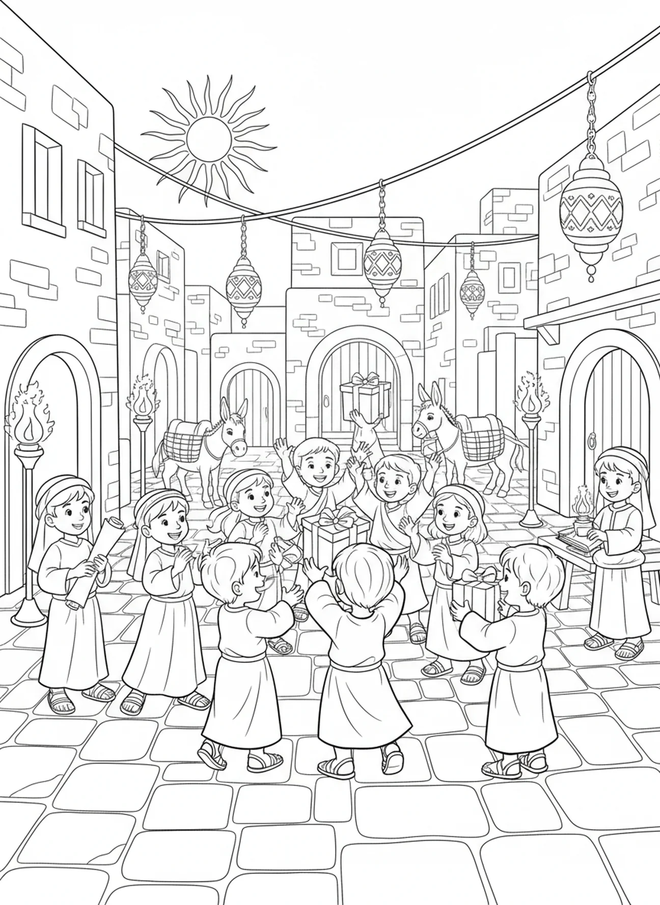 Enfants célébrant la grâce avec des cadeaux, Éphésiens 2:8 Page à colorier sur la grâce pour les enfants de l'École du dimanche âgés de 5 à 12 ans.