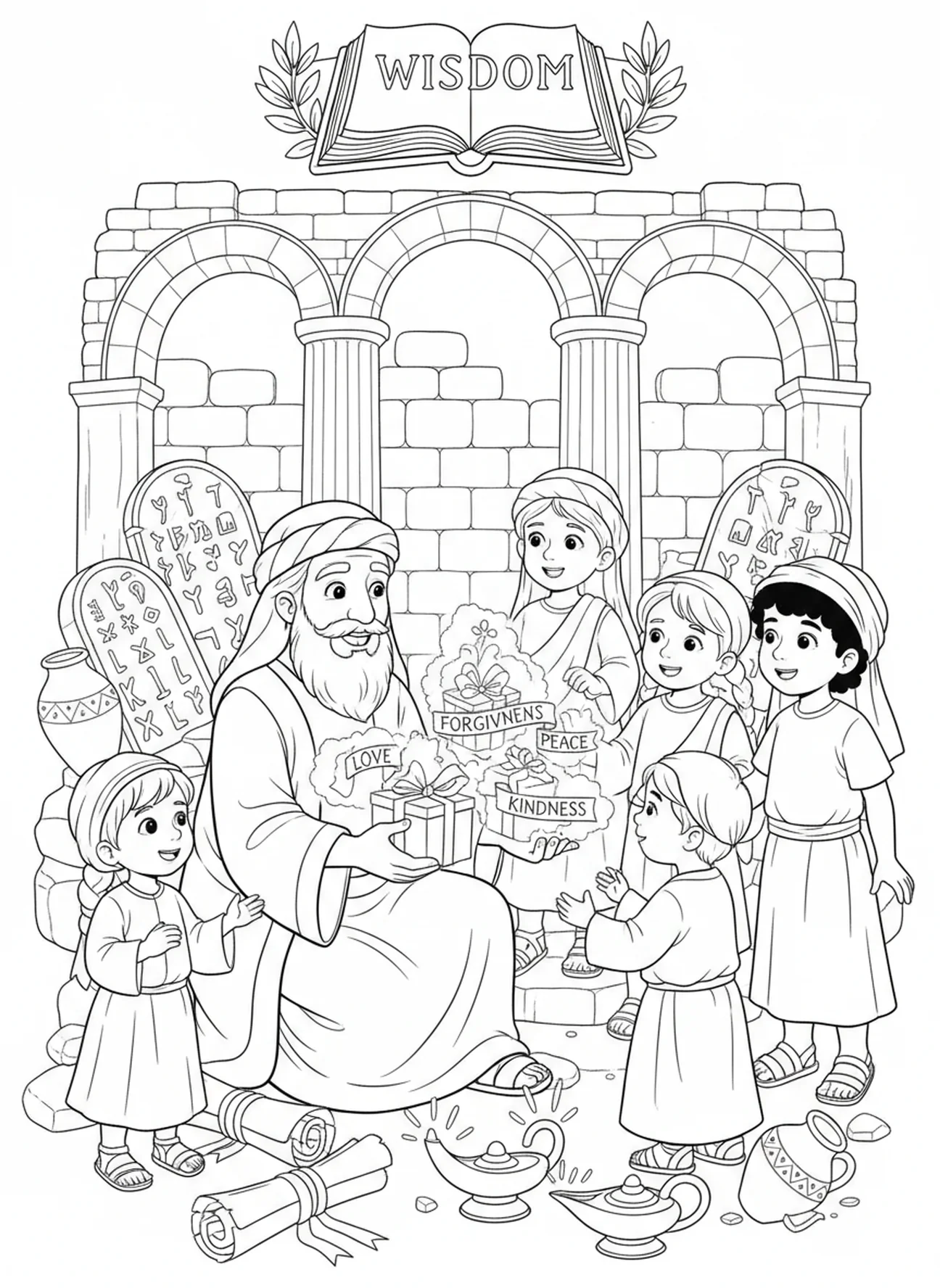 Enfants recevant des cadeaux d'un sage, Éphésiens 2:8 Page à colorier sur la grâce par la foi pour les enfants de catéchisme âgés de 5 à 12 ans.