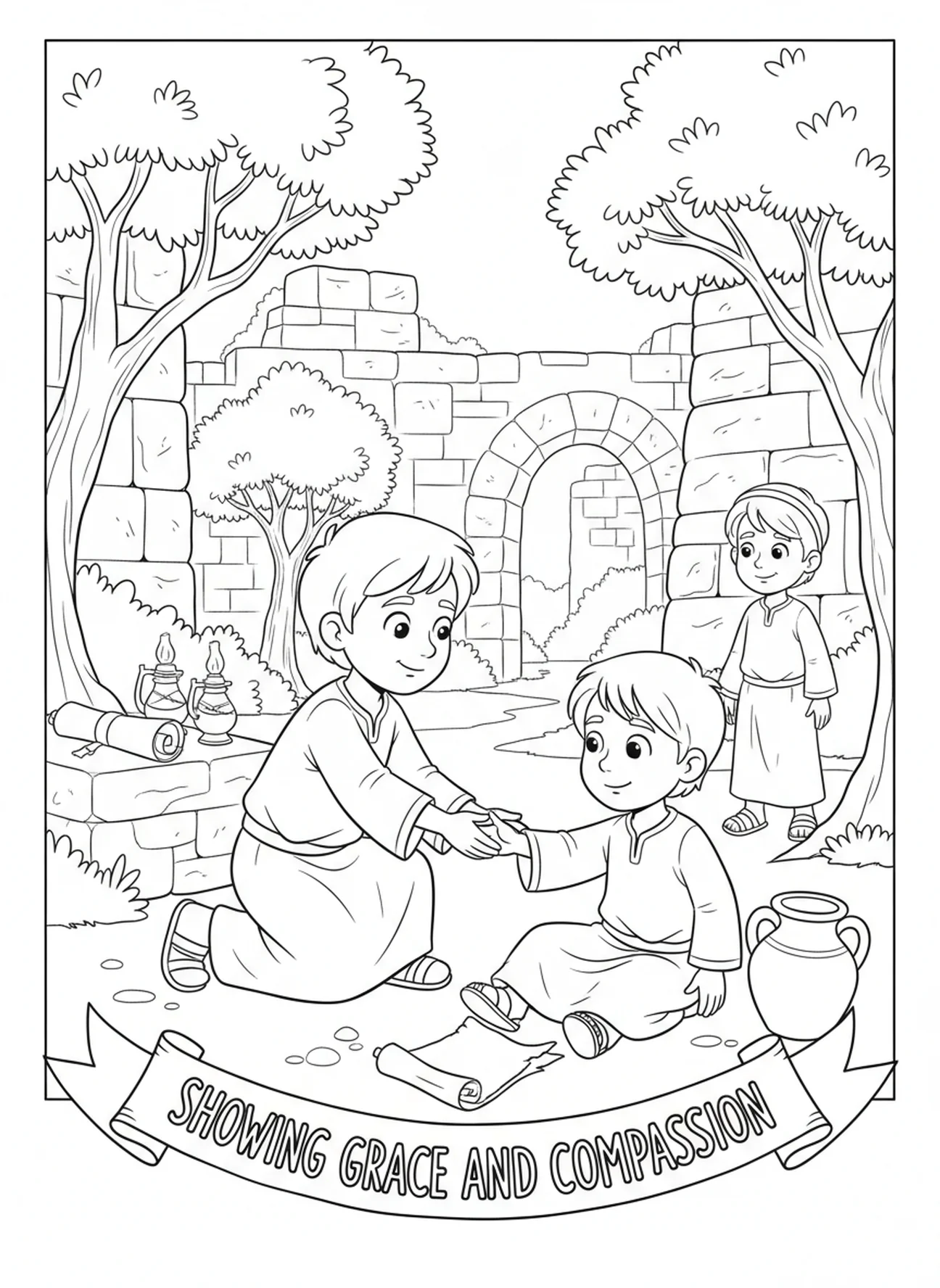 Enfant aidant un autre, Éphésiens 2:8 Page à colorier sur la grâce pour les enfants de l'École du dimanche âgés de 5 à 12 ans.