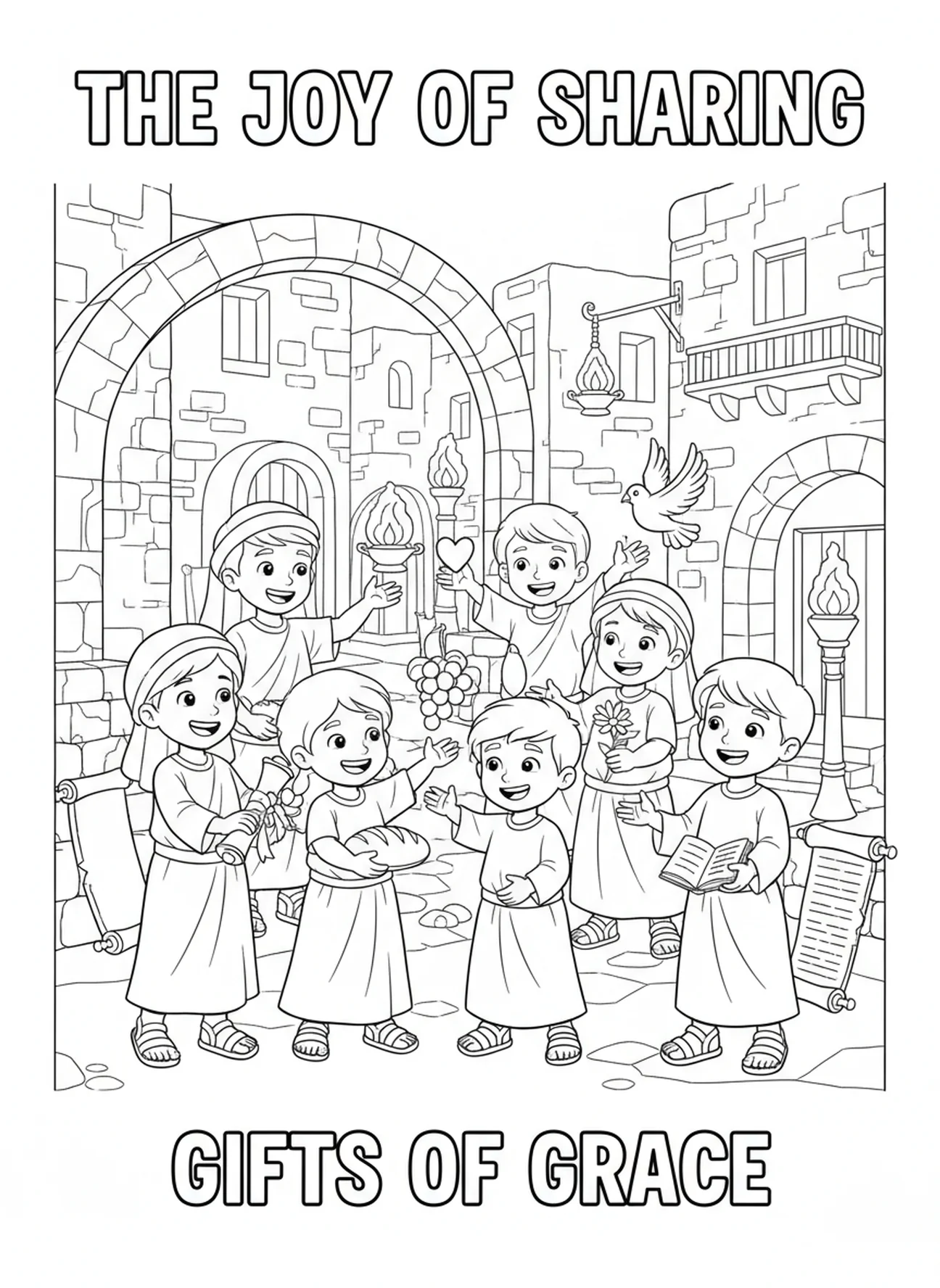 Groupe d'enfants partageant des cadeaux, Éphésiens 2:8 Page à colorier sur la grâce pour les enfants de l'École du dimanche âgés de 5 à 12 ans.