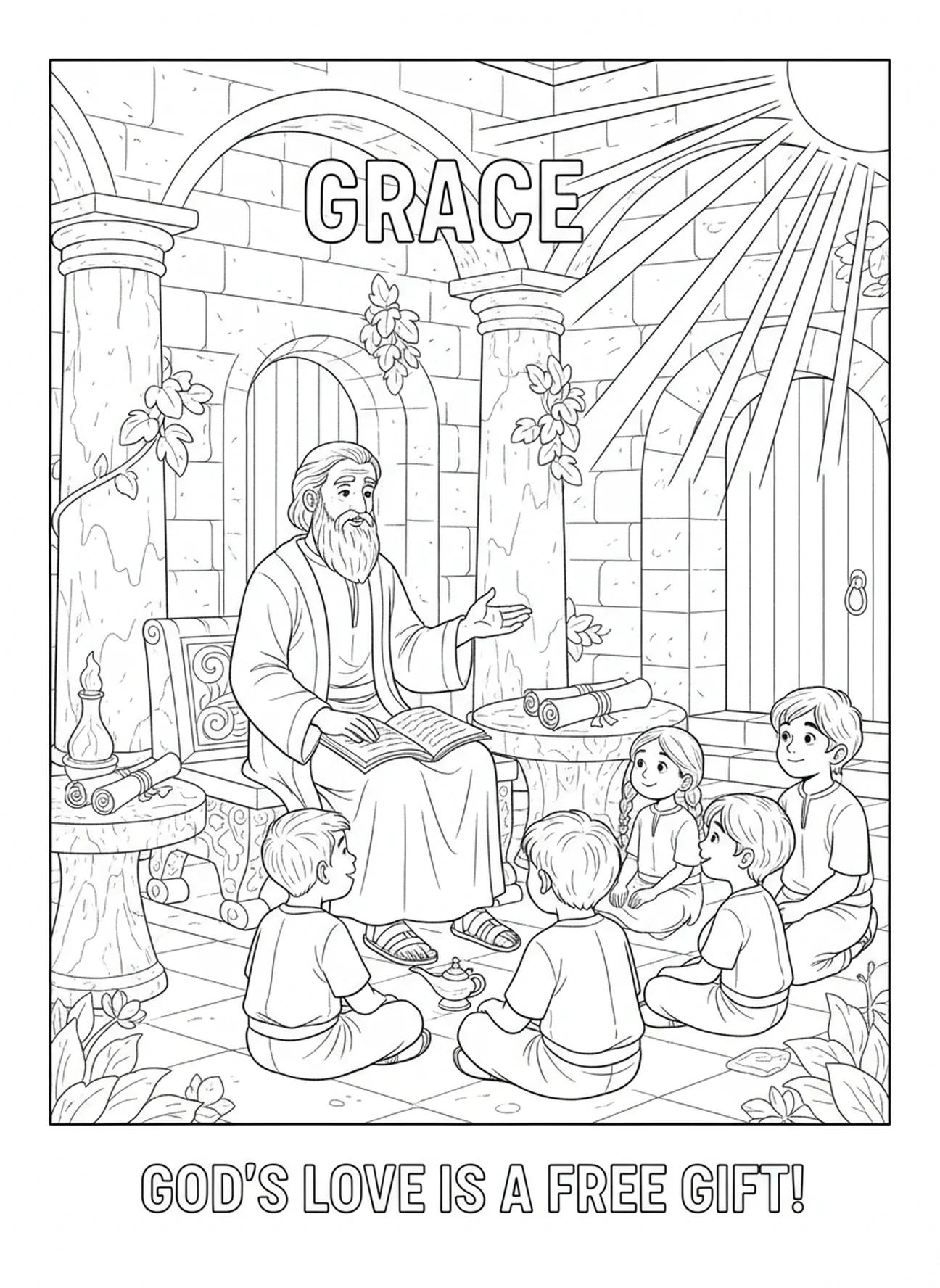 Enseignant expliquant la grâce aux élèves, Éphésiens 2:8 Page à colorier sur la grâce pour les enfants de l'École du dimanche âgés de 5 à 12 ans.