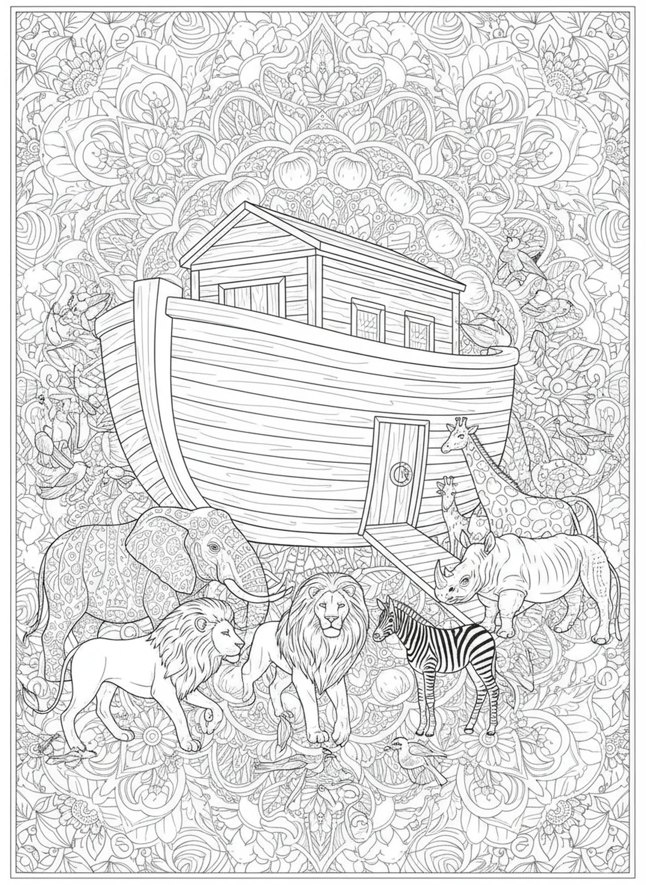 Des paires d'animaux s'approchent de l'arche, page à colorier Éphésiens 3:20 pour adultes dans un style de journal biblique.