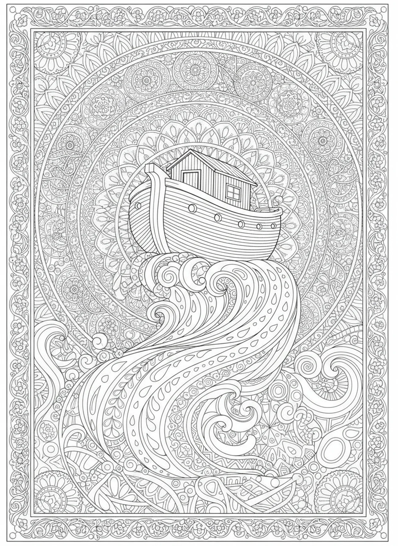 L'arche flottant sur les eaux du déluge, page à colorier Éphésiens 3:20 pour adultes dans un style de journal biblique.