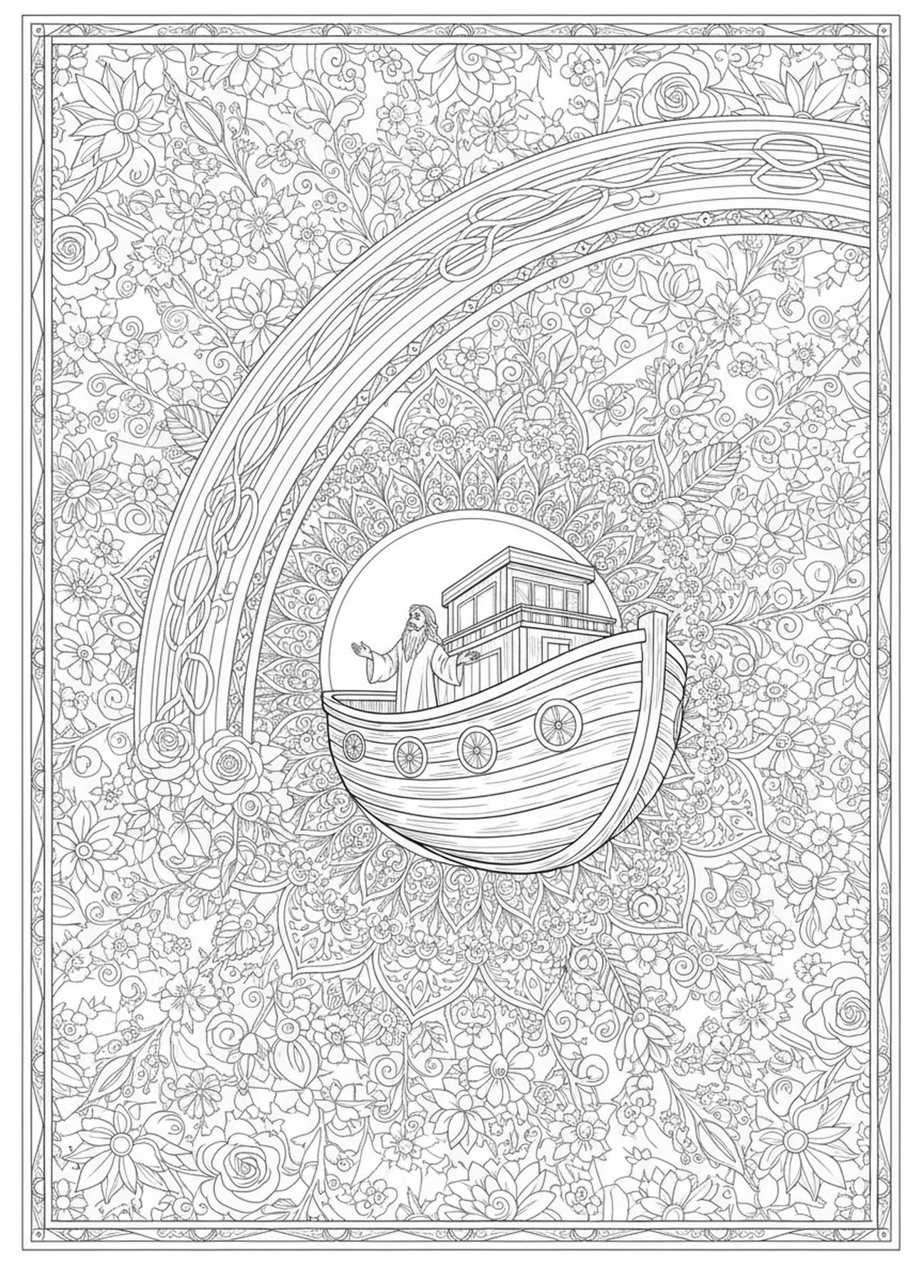 Le symbole de l'alliance de Dieu représenté par un arc-en-ciel, page à colorier Éphésiens 3:20 pour le style de journal biblique pour adultes.