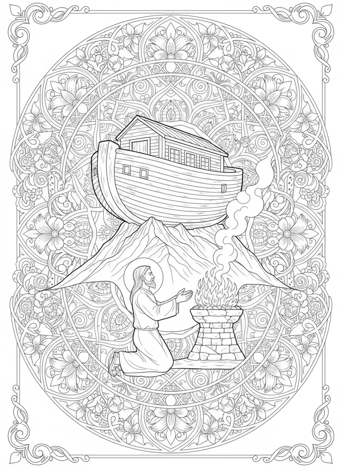 Noé faisant une offrande, page à colorier Éphésiens 3:20 pour adultes dans le style du journal biblique.