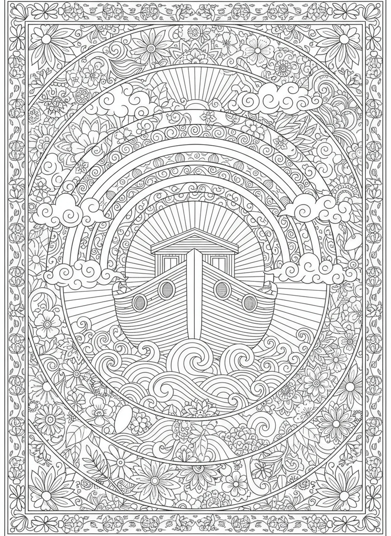 Arc-en-ciel au-dessus de l'arche, page à colorier Éphésiens 3:20 pour adultes dans un style de journal biblique.