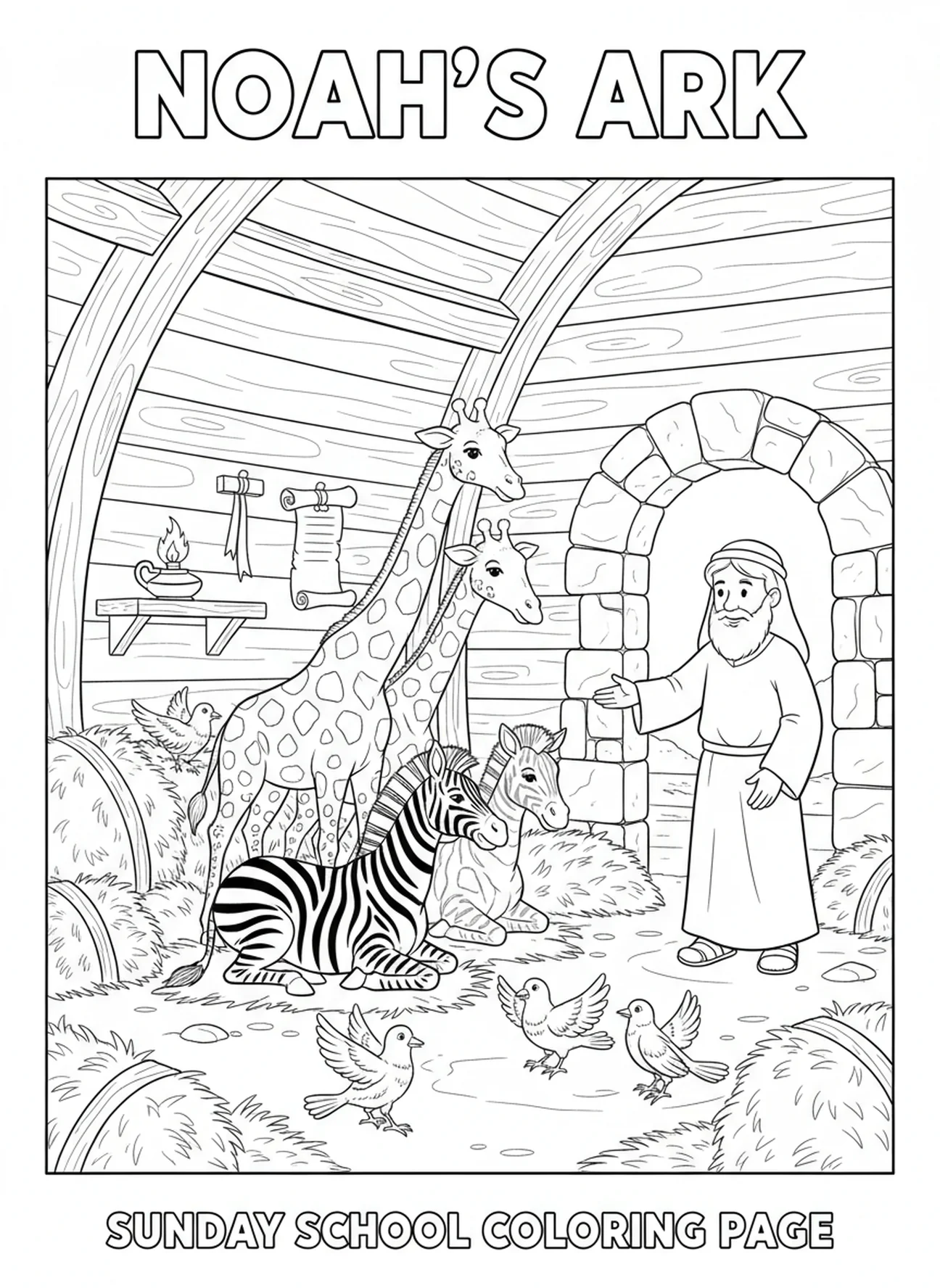 Animaux se reposant à l'intérieur de l'arche, page à colorier Éphésiens 3:20 pour les enfants de l'École du dimanche âgés de 5 à 12 ans