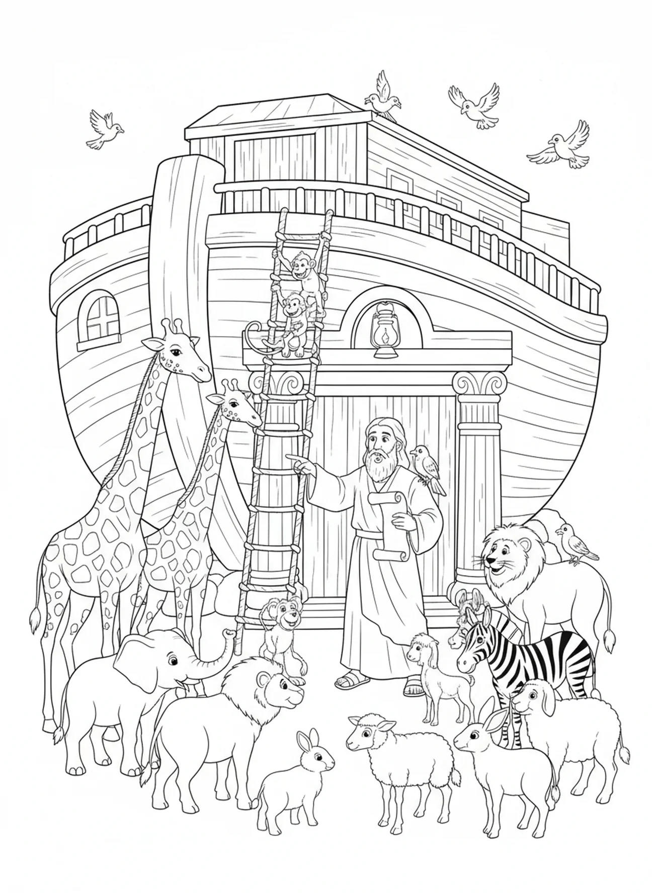 Noé appelant les animaux à l'arche, page à colorier Éphésiens 3:20 pour les enfants de l'École du dimanche âgés de 5 à 12 ans