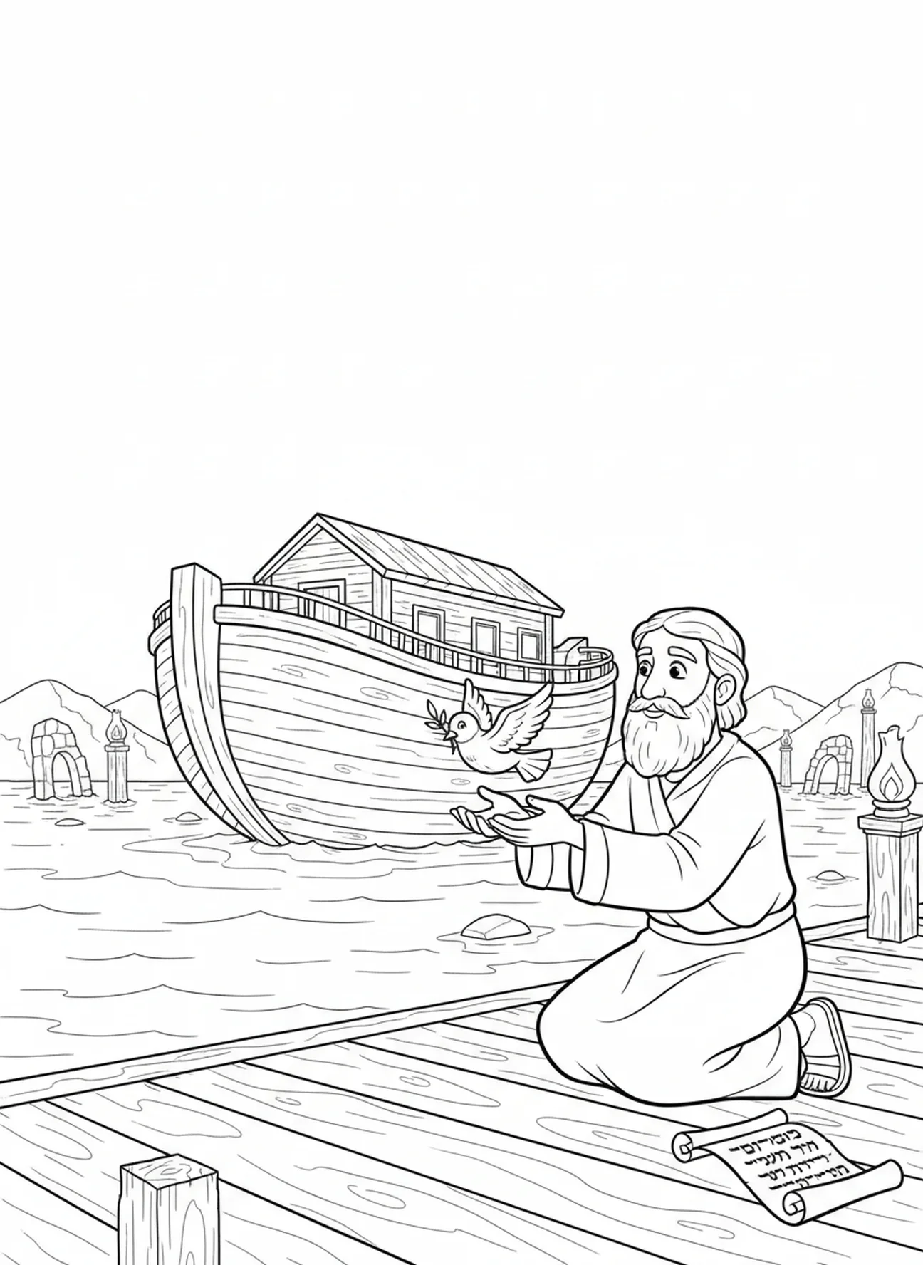 Noé libérant une colombe, page à colorier Éphésiens 3:20 pour les enfants de l'École du dimanche âgés de 5 à 12 ans