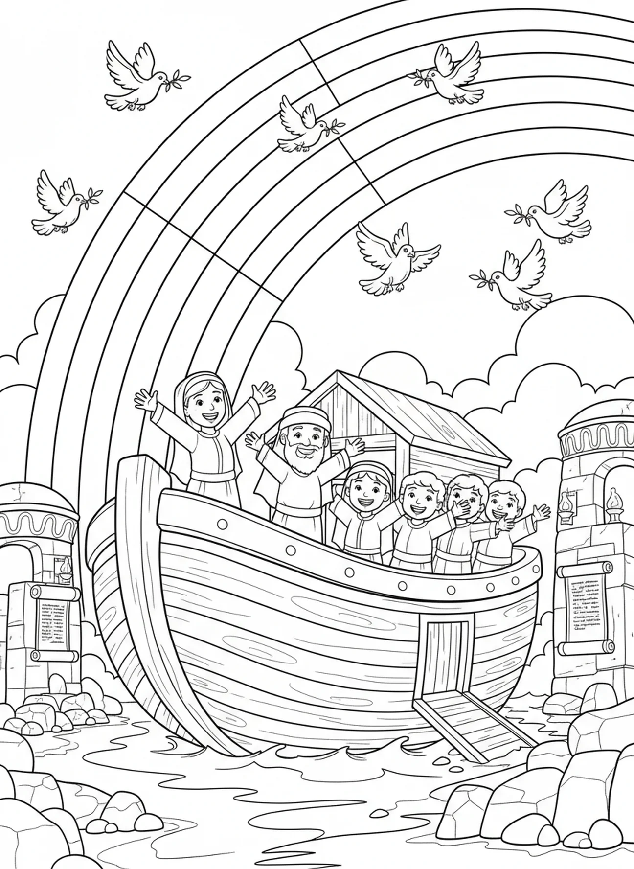 Arc-en-ciel brillant au-dessus de l'arche, page à colorier Éphésiens 3:20 pour les enfants de l'École du dimanche âgés de 5 à 12 ans