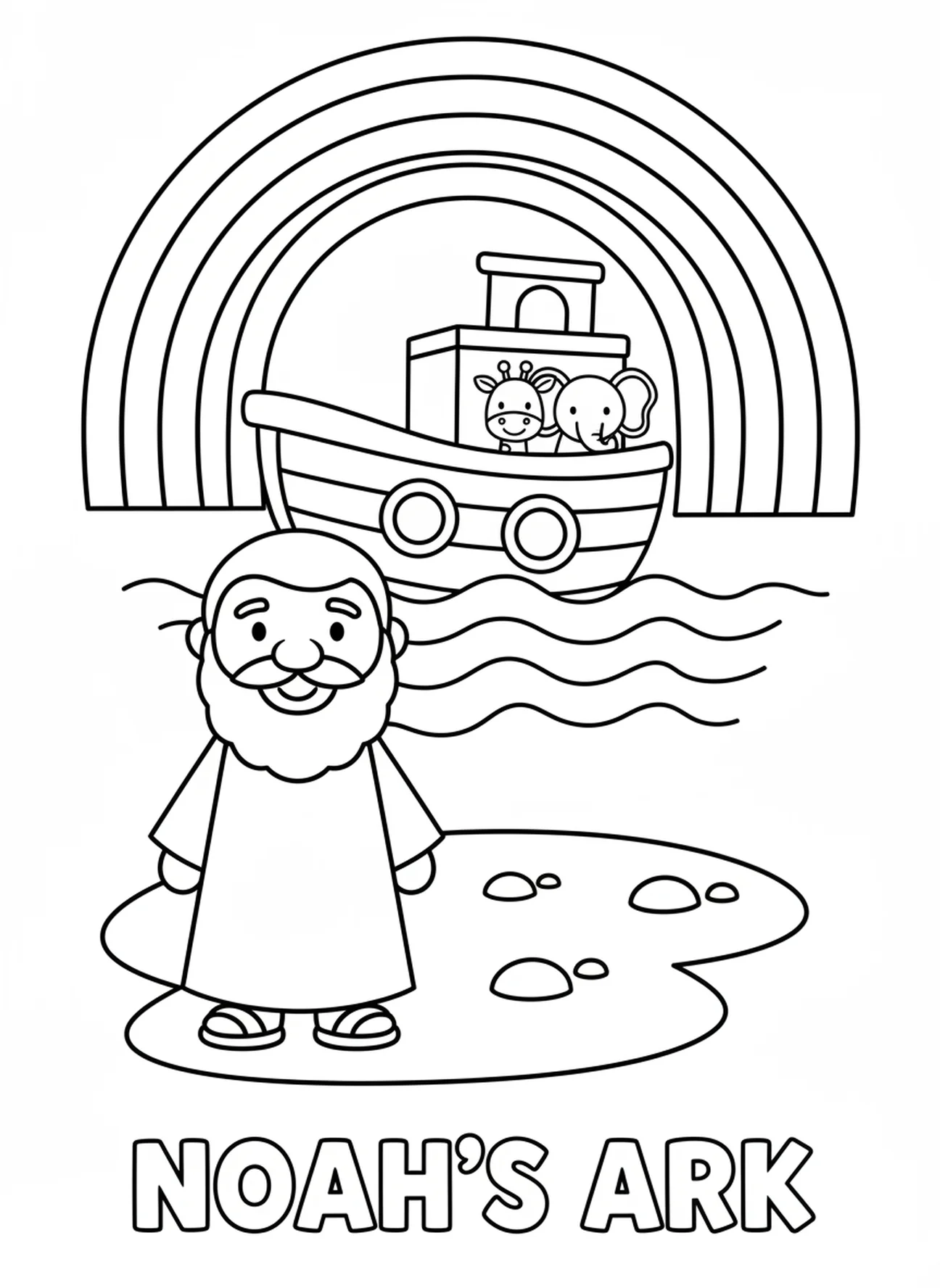 Regenbogen über dem lächelnden Noah, Ausmalbild zu Epheser 4,32 für Vorschulkinder im Alter von 3-5 Jahren