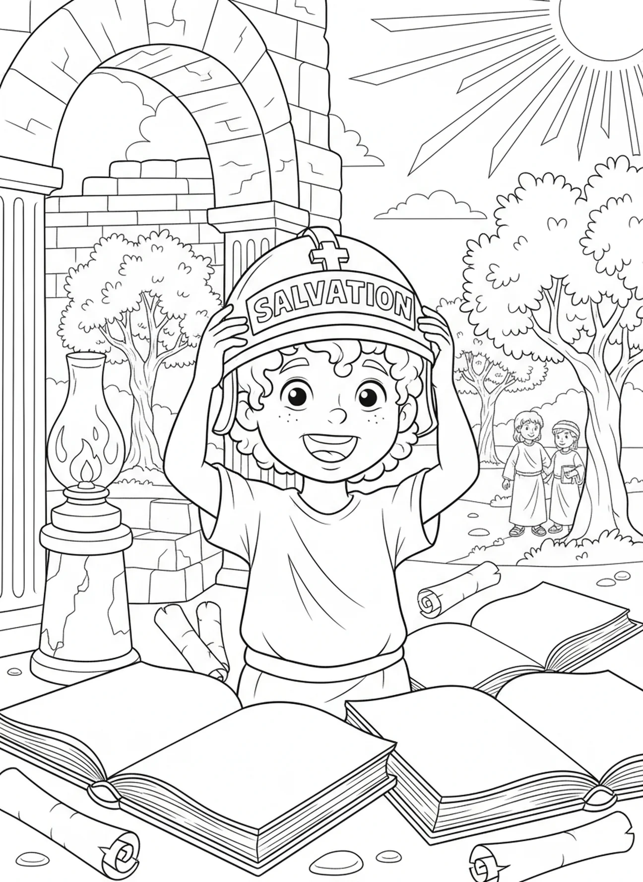 Kind dat een helm opzet, Efeziërs 6 Wapenrusting kleurplaat voor Zondagsschool kinderen van 5-12 jaar.