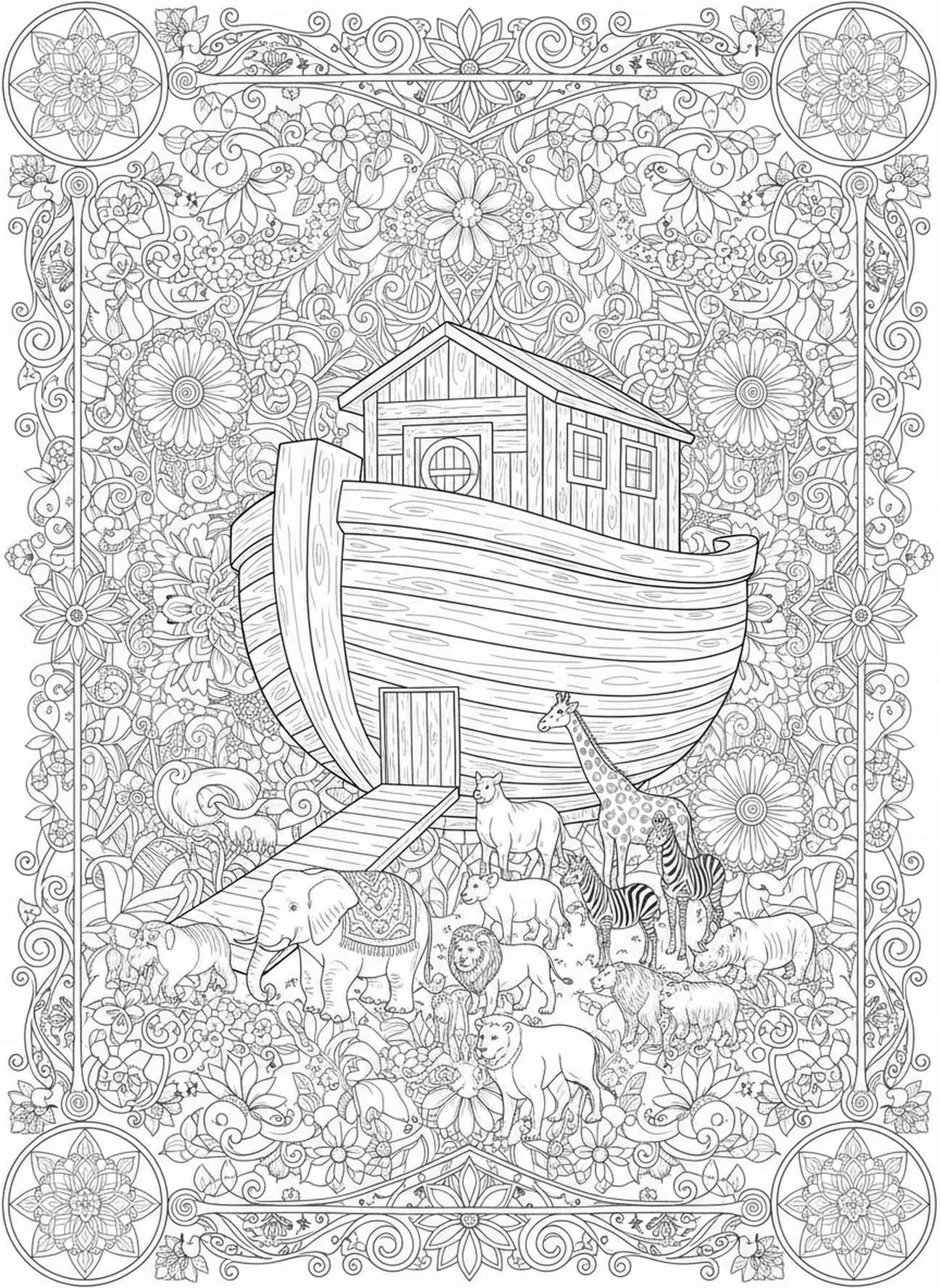 Paires d'animaux entrant dans l'arche, page à colorier 'Car Dieu a tant aimé le monde' pour le journaling biblique pour adultes.