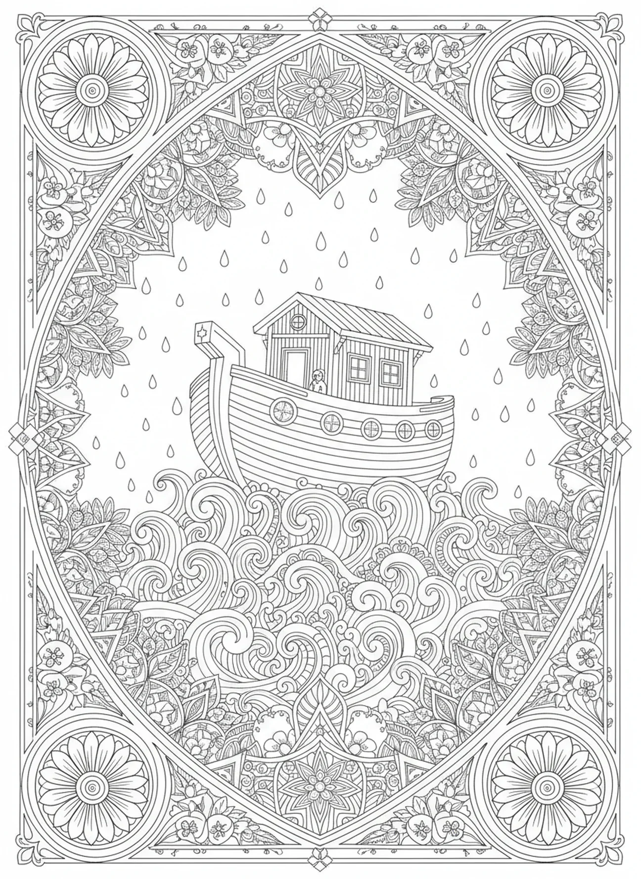 L'arche flottant sur des eaux de crue montantes, page à colorier 'Car Dieu a tant aimé le monde' pour adultes dans un style de journal biblique.