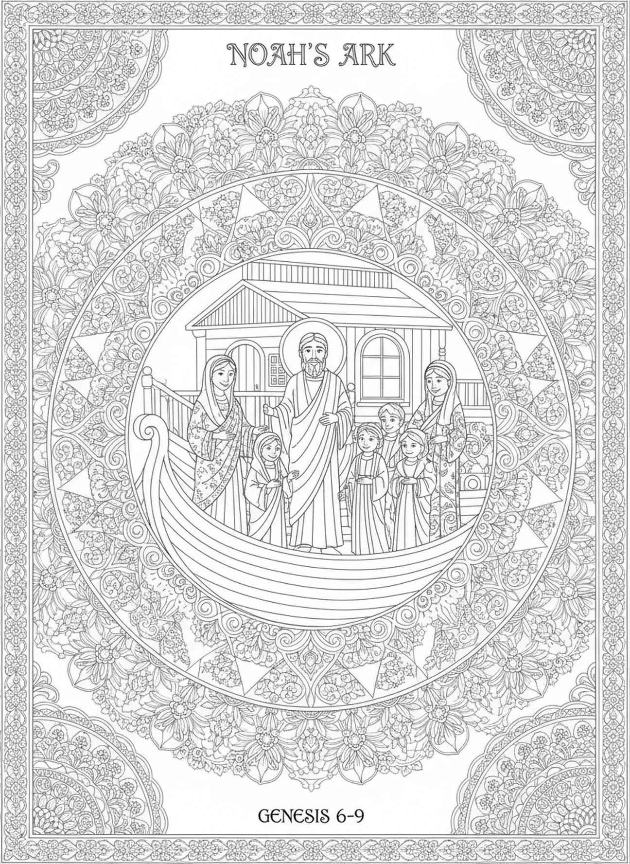 Noé avec sa famille sur l'arche, page à colorier Pour Dieu a tant aimé le monde dans un style de journal biblique pour adultes.