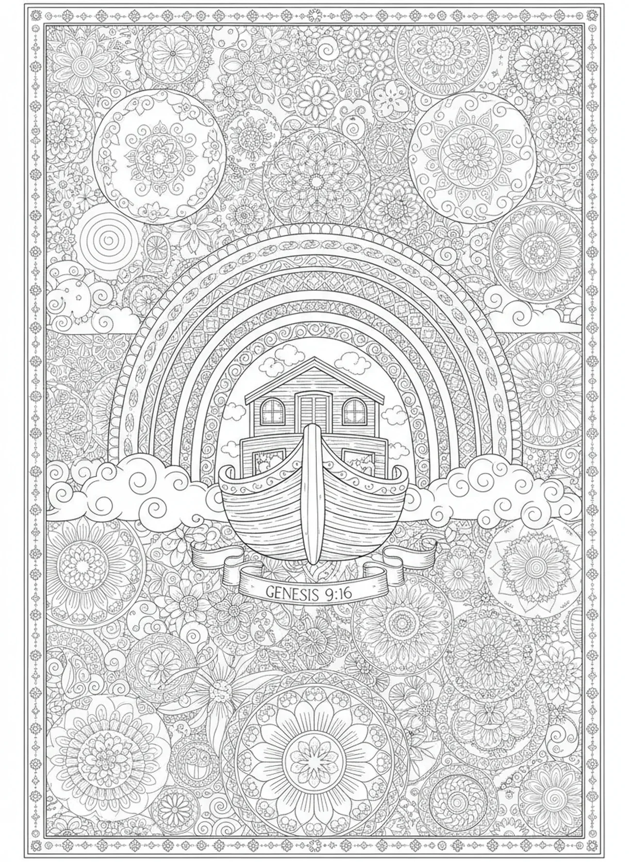 Arc-en-ciel au-dessus de l'arche, page à colorier 'Car Dieu a tant aimé le monde' pour le journal biblique des adultes.