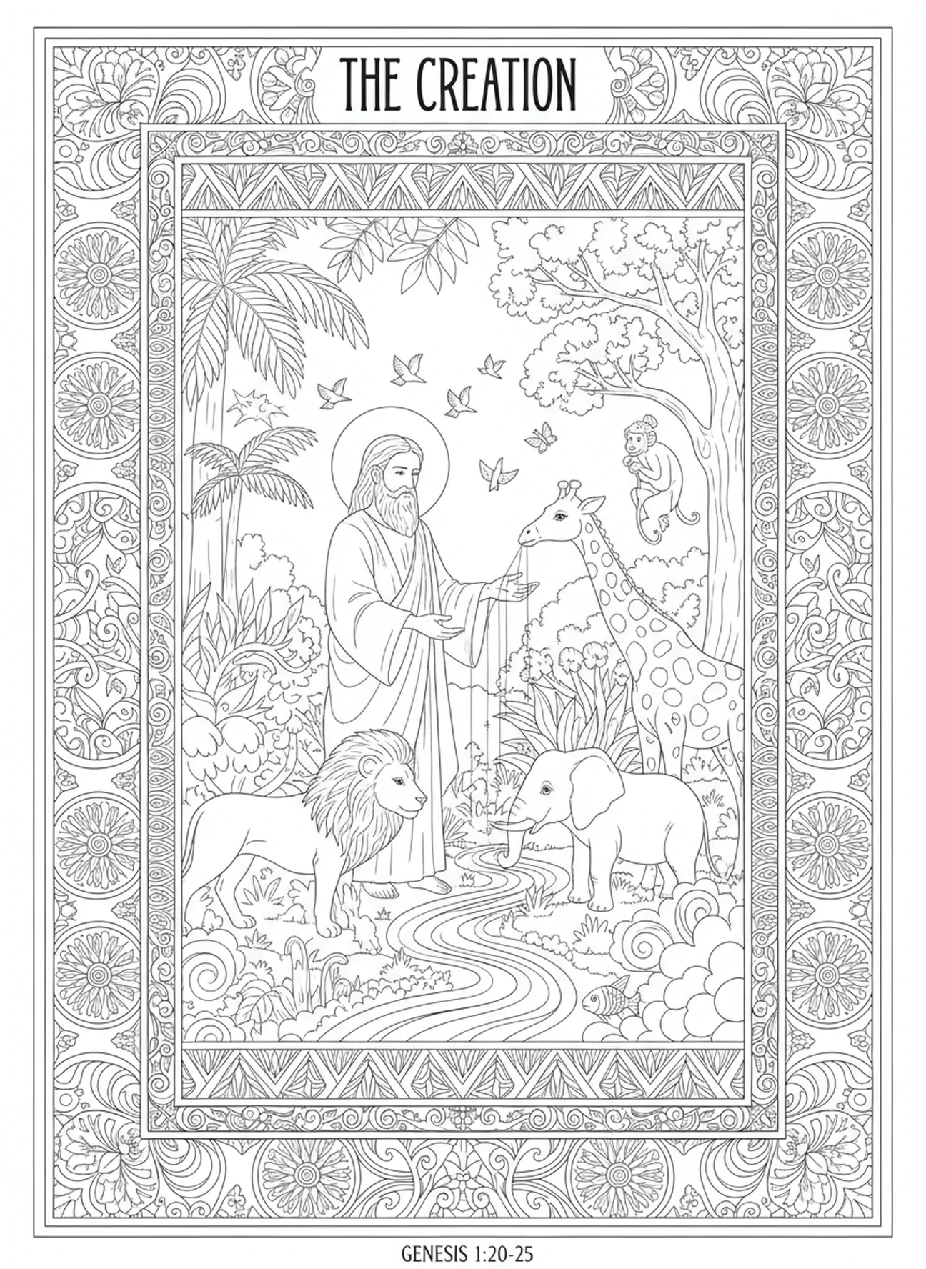 Dios creando animales, página para colorear de Génesis 1:1 en estilo de journaling bíblico para adultos.