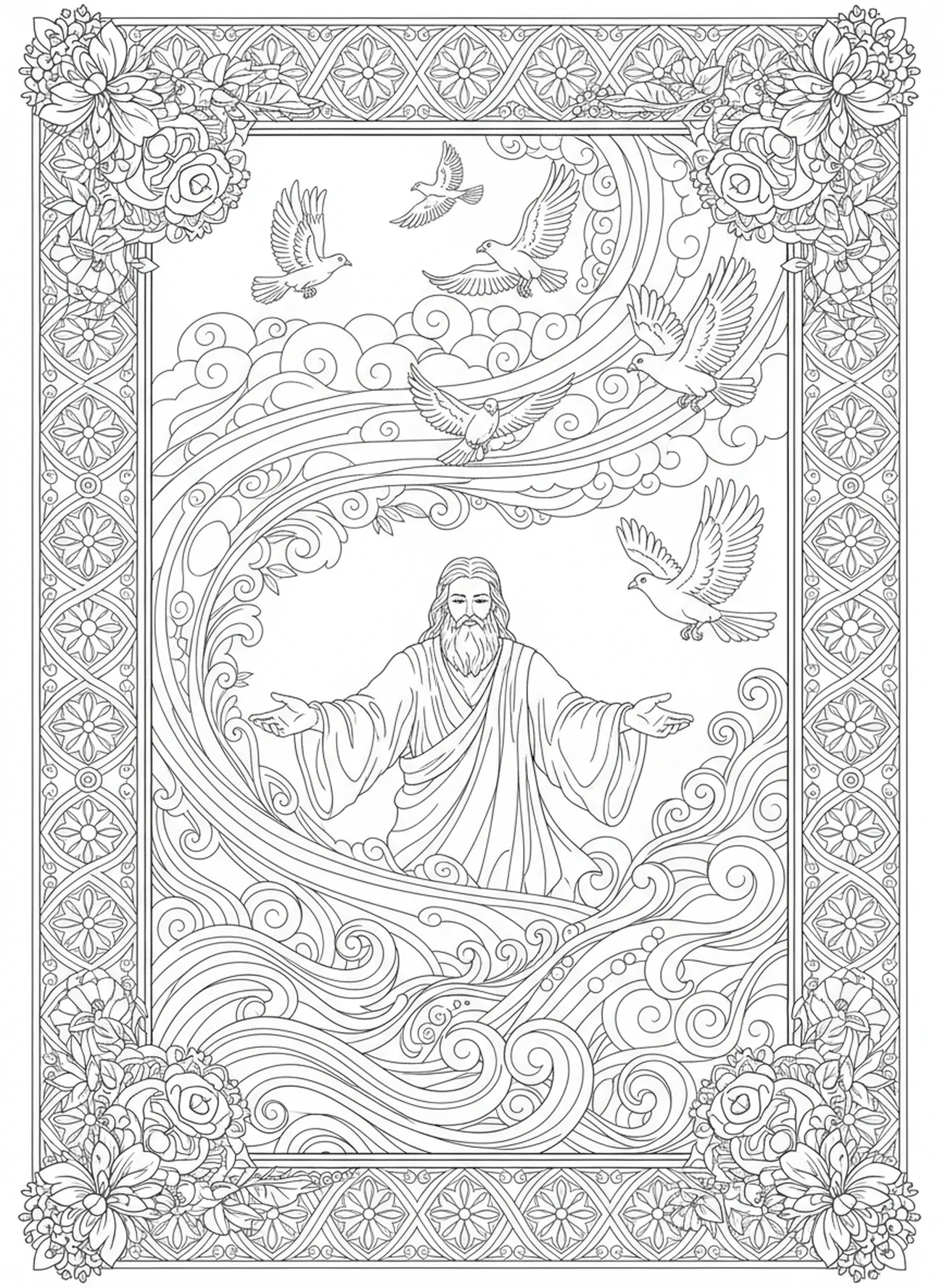 Dios creando el cielo, página para colorear de Génesis 1:1 en estilo de journaling bíblico para adultos.