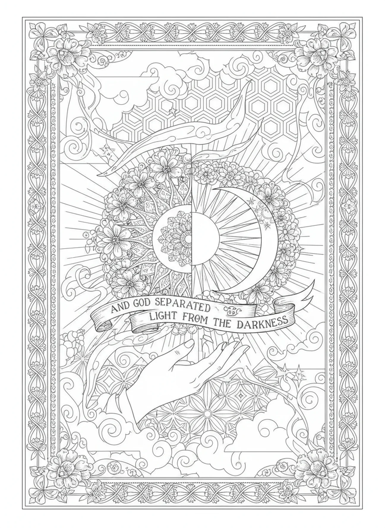 Dios separando la luz de la oscuridad, página para colorear de Génesis 1:1 en estilo de journaling bíblico para adultos.