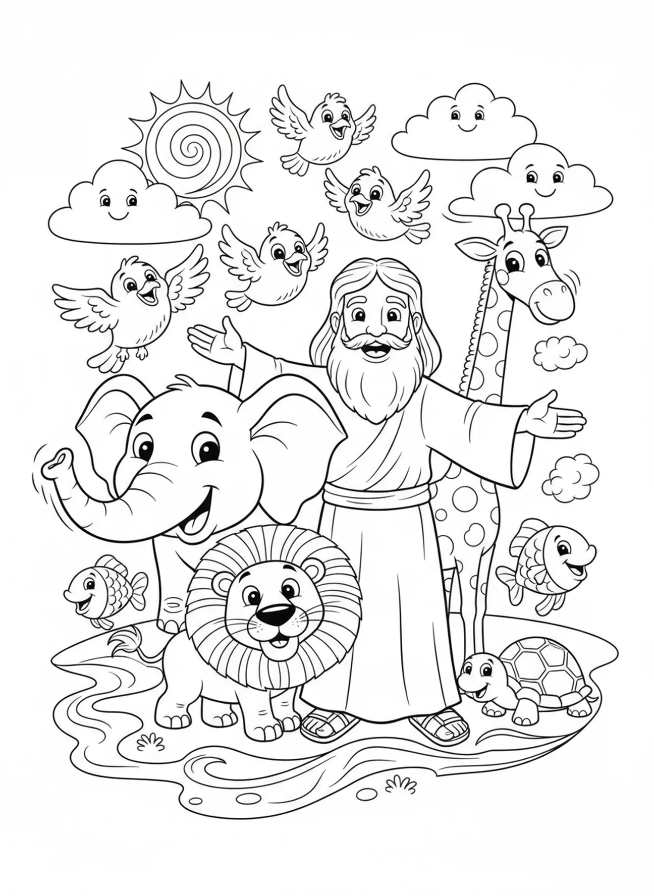 Gott schafft Tiere, Genesis 1,1 Malvorlage für Kinder im Alter von 5-10 Jahren