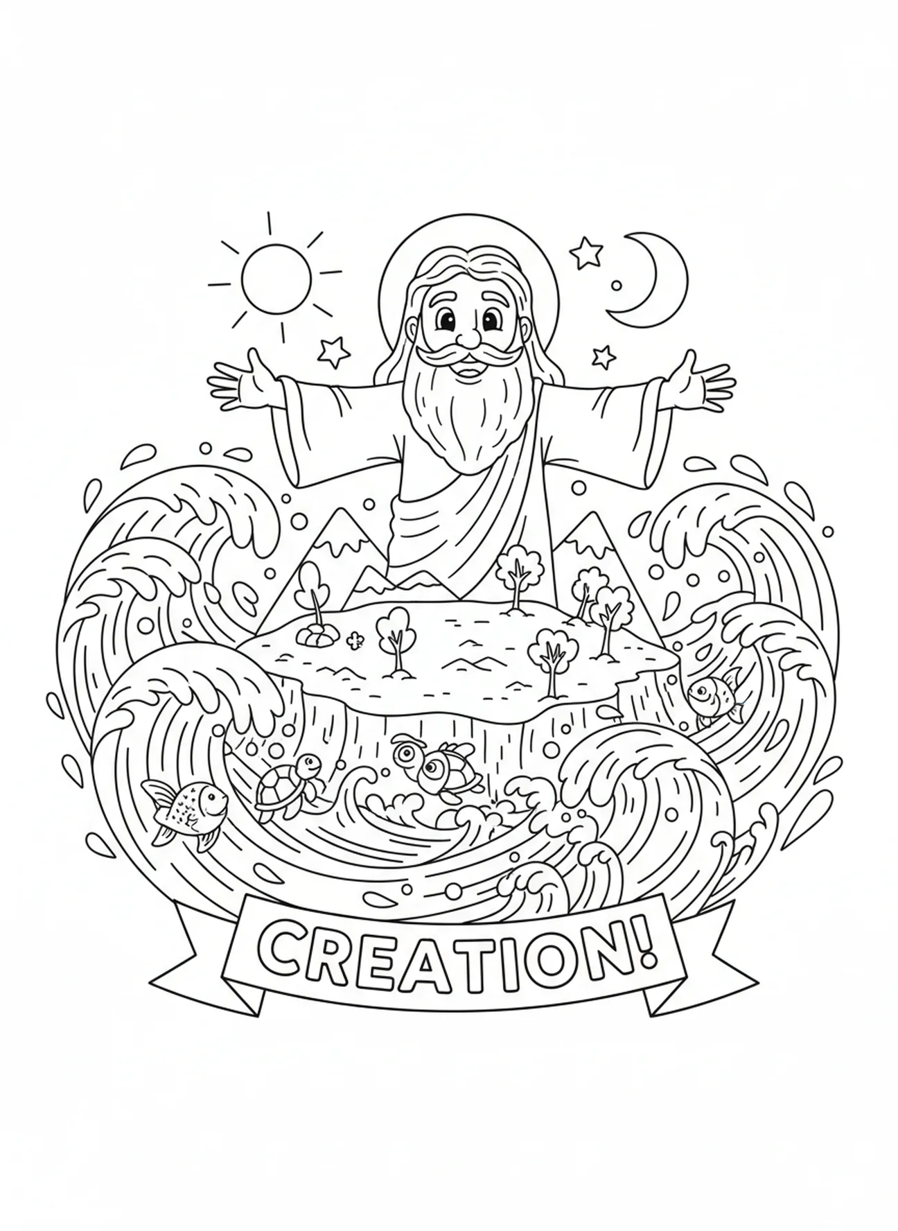 Gott formt Erde und Meer, Ausmalbild für Kinder im Alter von 5-10 Jahren, Genesis 1:1