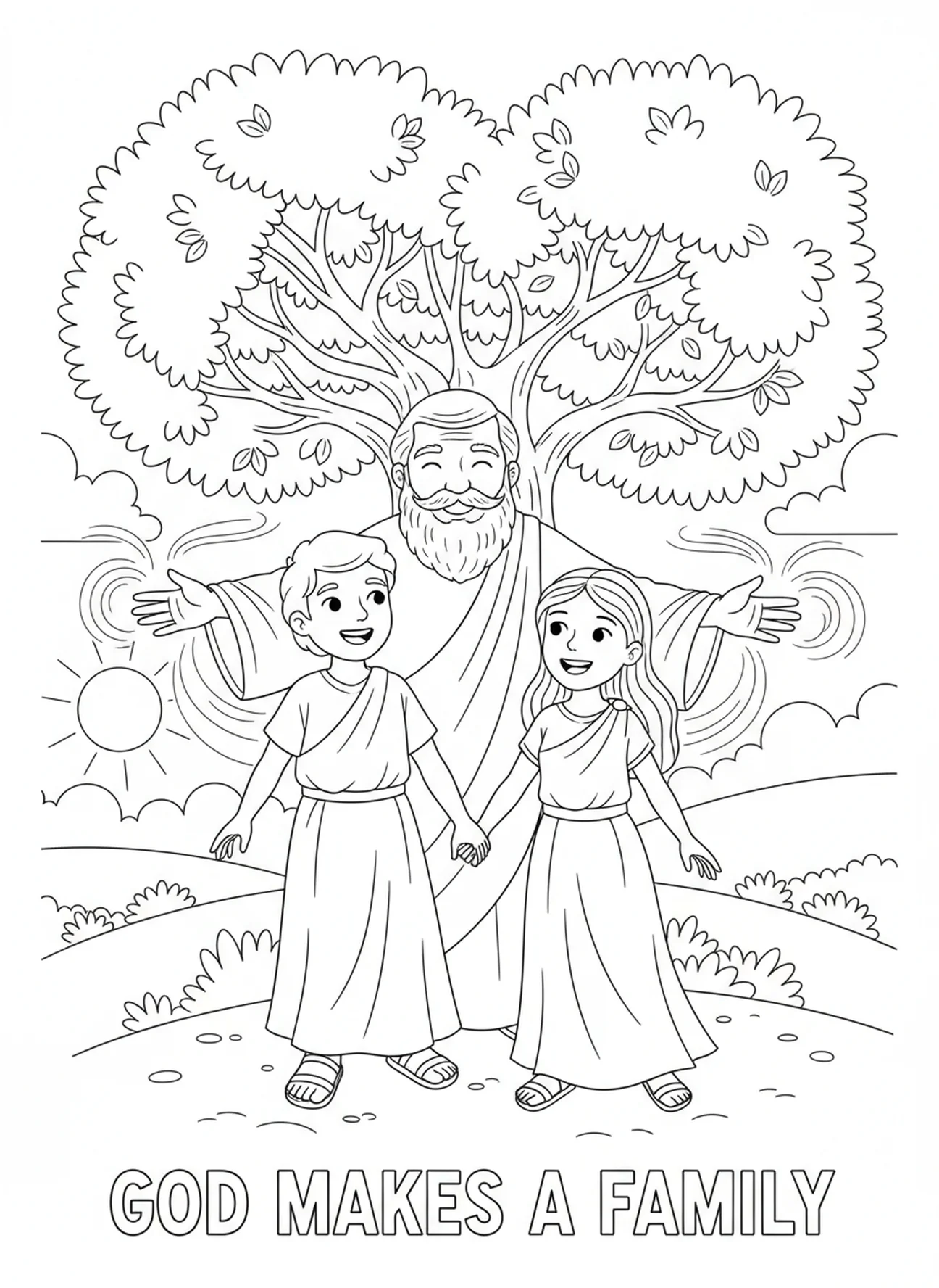 Gott erschafft Mann und Frau, Genesis 1:1 Ausmalbild für Kinder im Alter von 5-10 Jahren