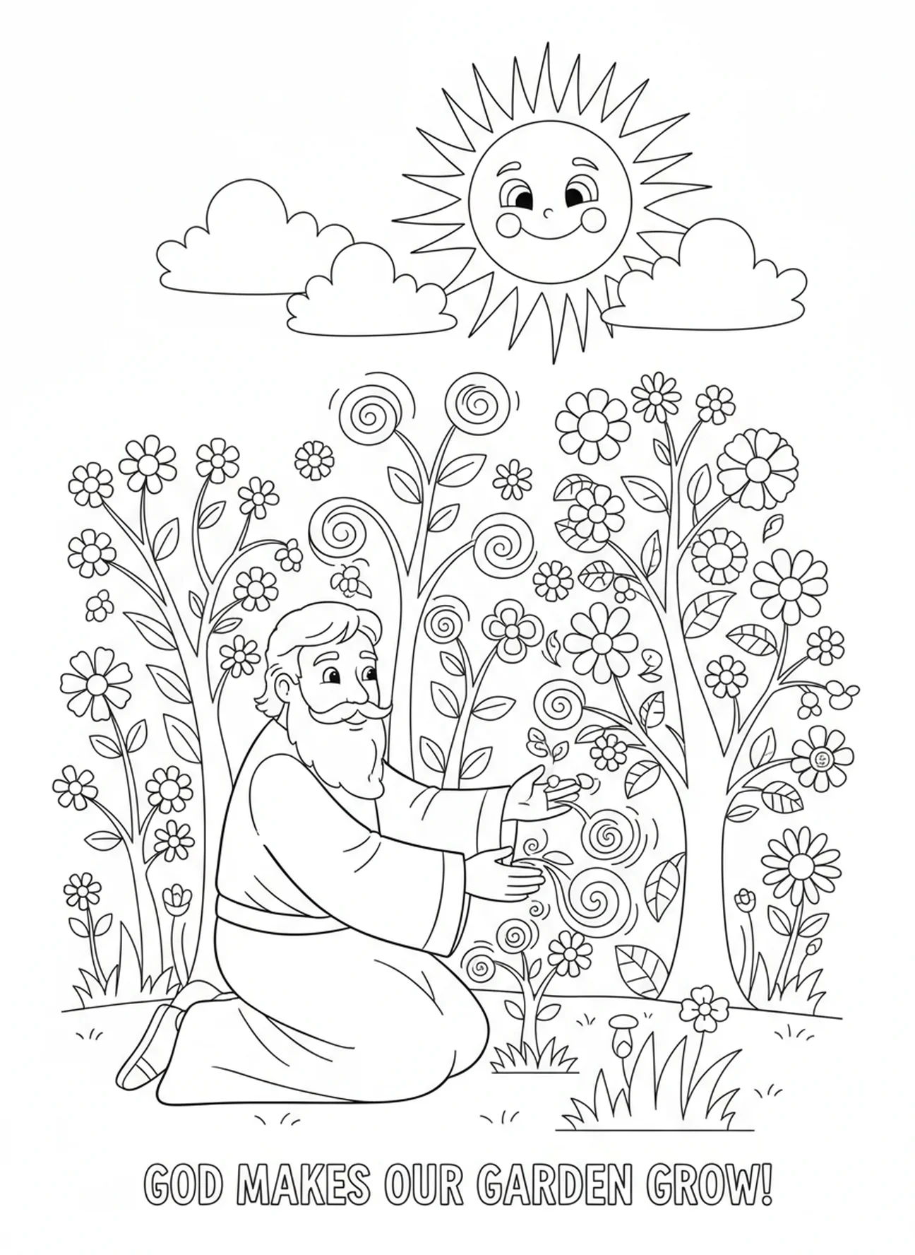 Gott lässt Pflanzen und Bäume wachsen, Genesis 1,1 Malvorlage für Kinder im Alter von 5-10 Jahren