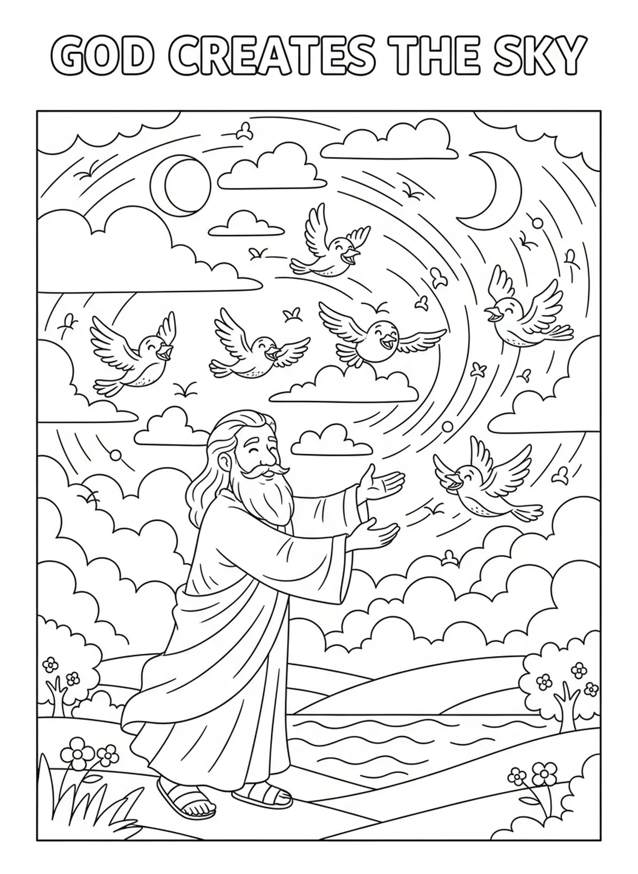 Gott erschafft Himmel und Wolken, Genesis 1:1 Malvorlage für Kinder im Alter von 5-10 Jahren
