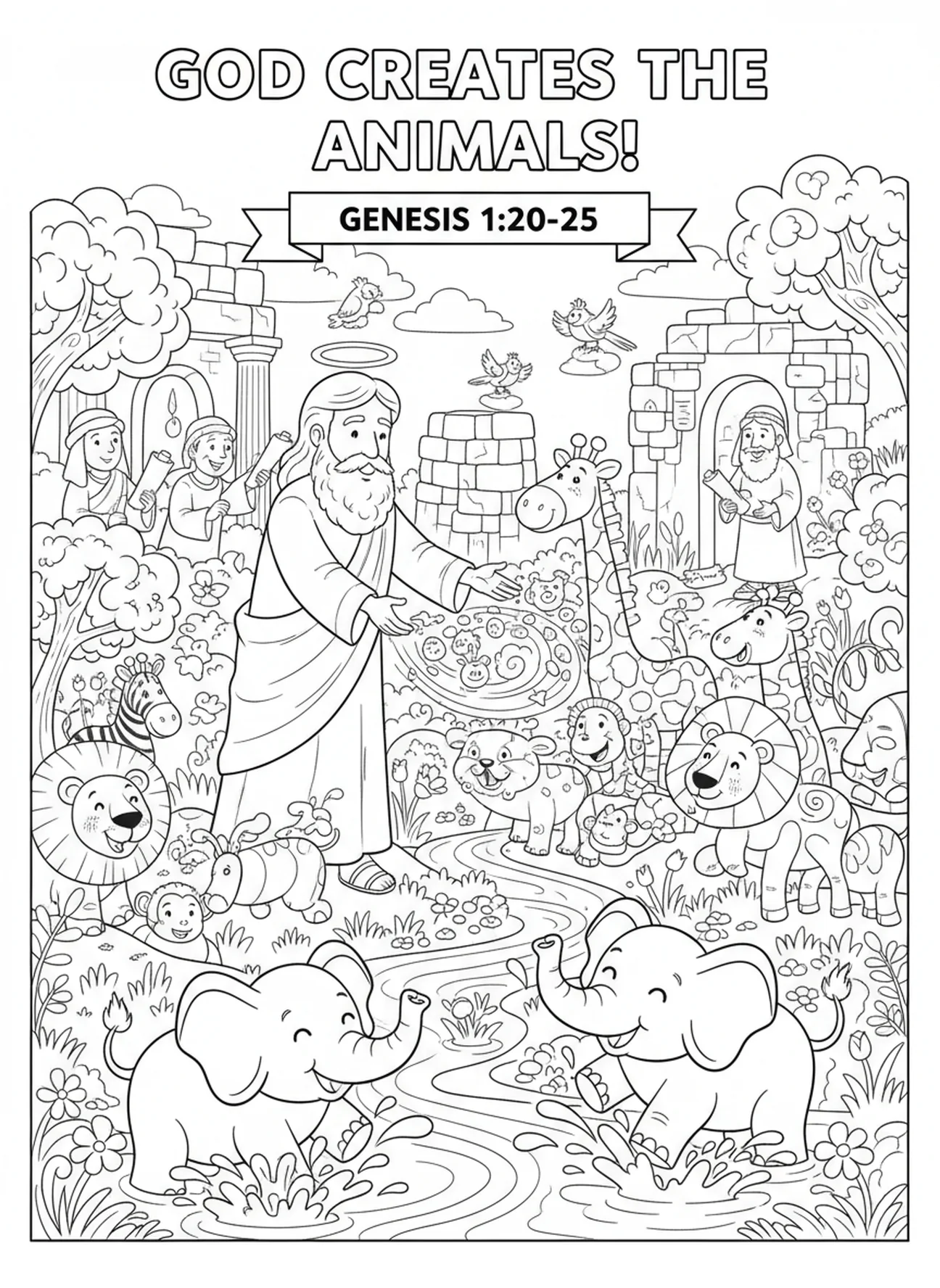 Animais em estilo de desenho animado brincando, página para colorir Gênesis 1:1 para crianças da Escola Dominical de 5 a 12 anos