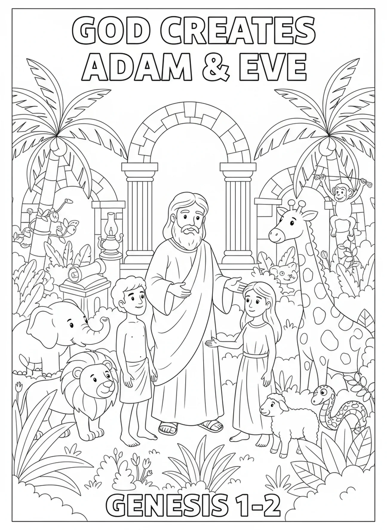 Adão e Eva no jardim, página para colorir Gênesis 1:1 para crianças da Escola Dominical de 5 a 12 anos