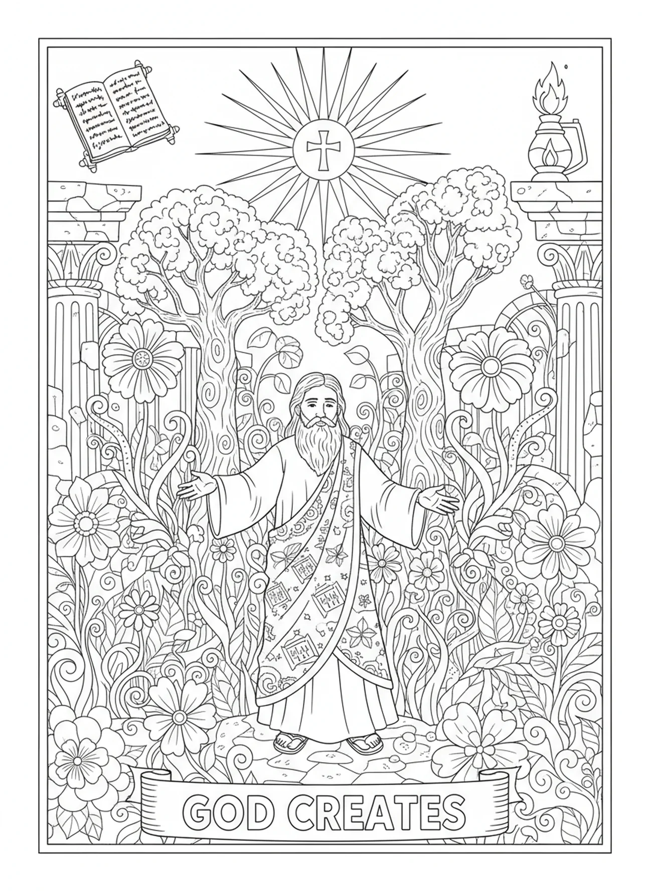 Grandes flores e árvores brotando, página para colorir Gênesis 1:1 para crianças da Escola Dominical de 5 a 12 anos