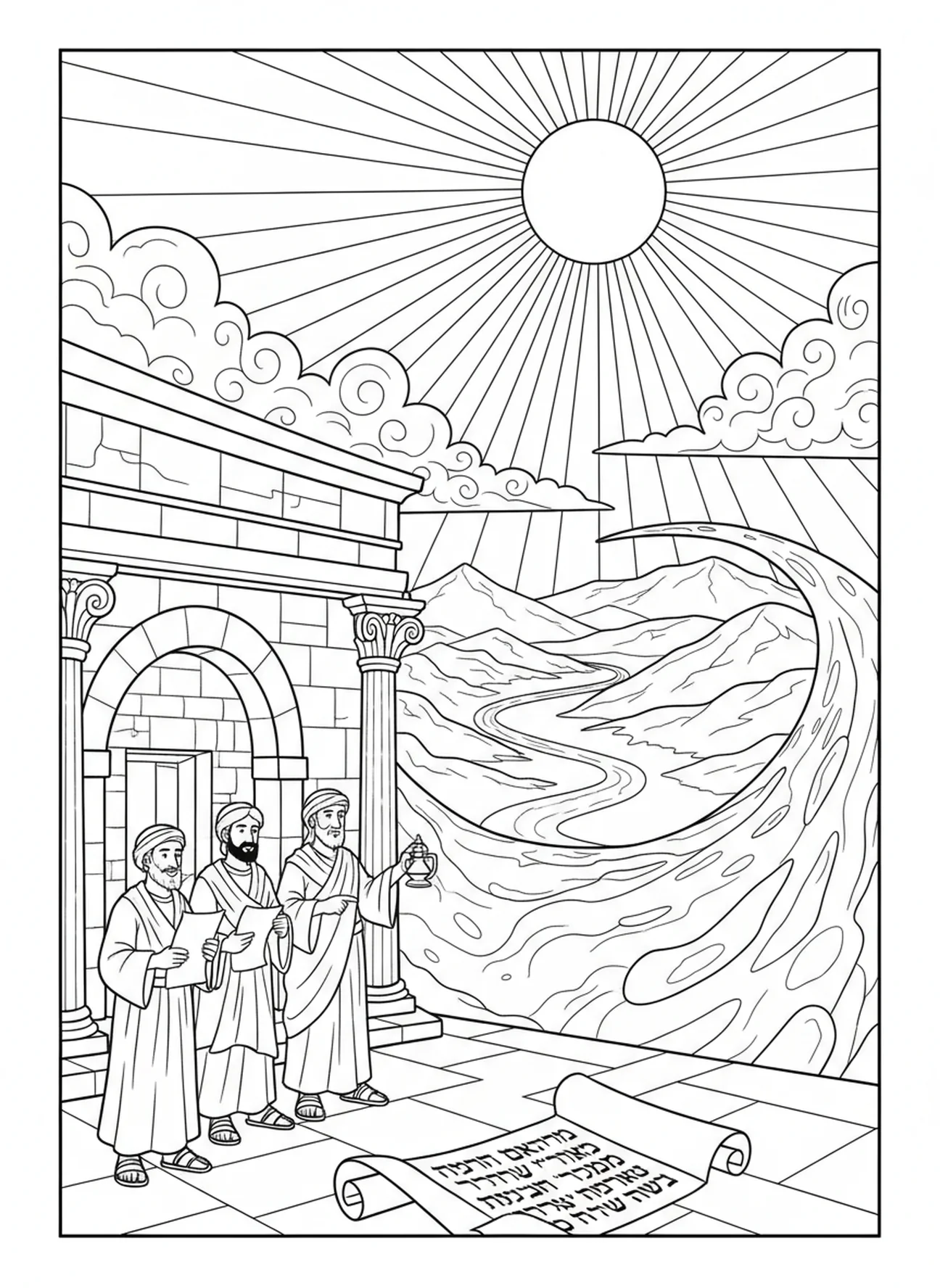 Terra com colinas e vales, página para colorir Gênesis 1:1 para crianças da Escola Dominical de 5 a 12 anos