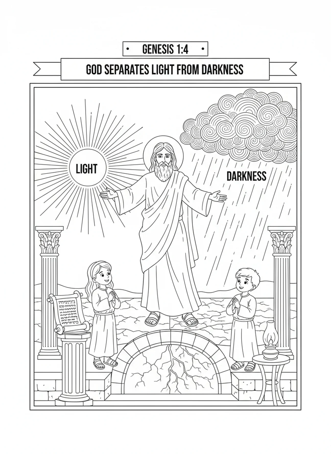 Luz e escuridão separadas, página para colorir Gênesis 1:1 para crianças da Escola Dominical de 5 a 12 anos