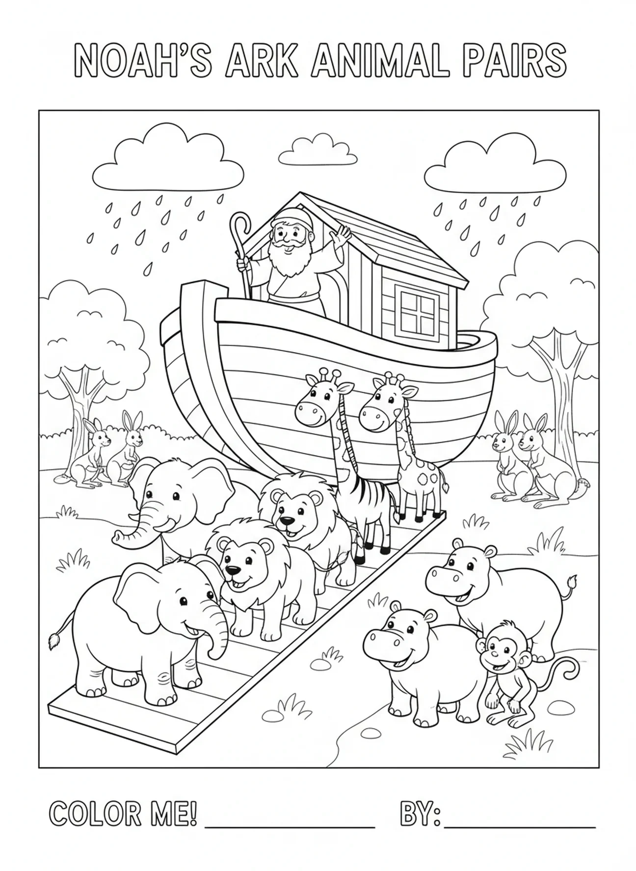 Paires d'animaux entrant, Page à colorier Remercions le Seigneur pour les enfants de 5 à 10 ans