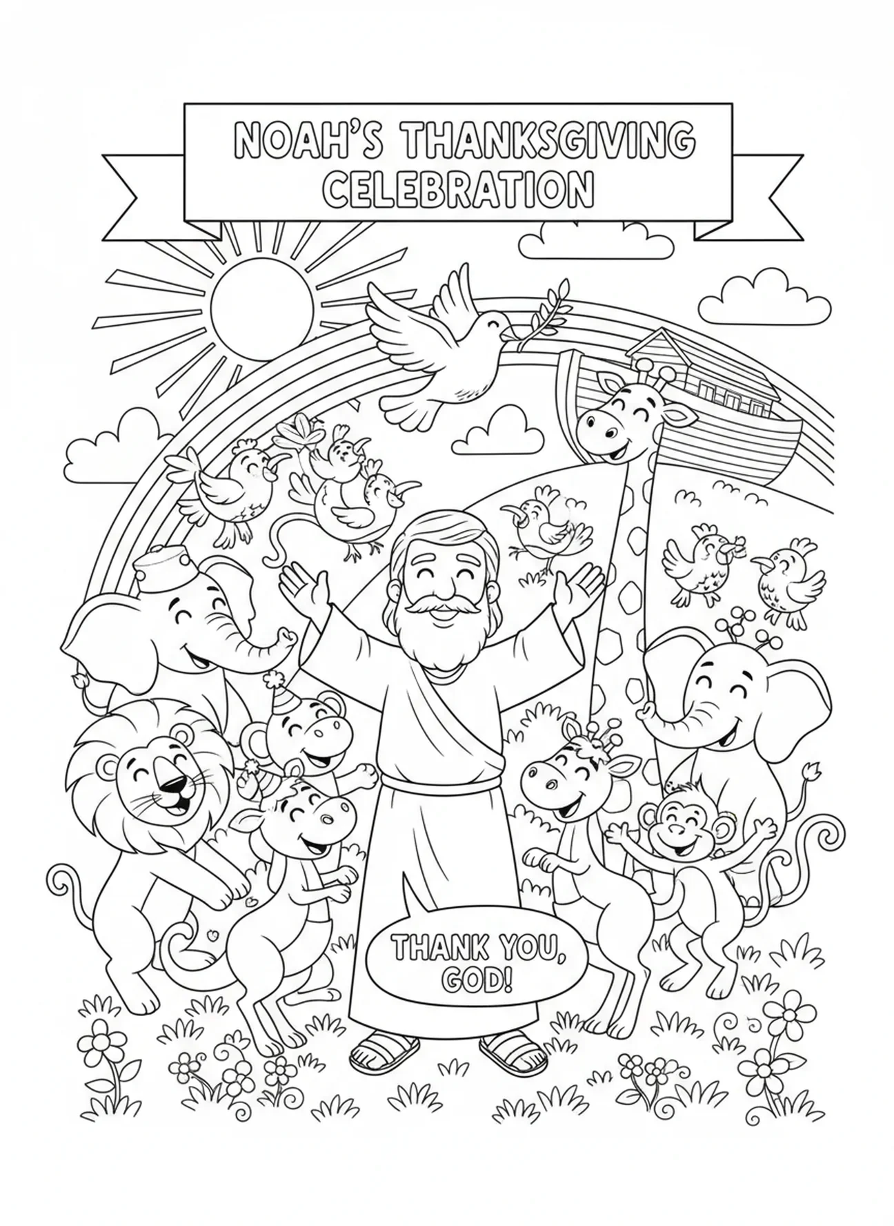 Noé et les animaux rendant grâce, page à colorier Rendre Grâce au Seigneur pour les enfants de 5 à 10 ans