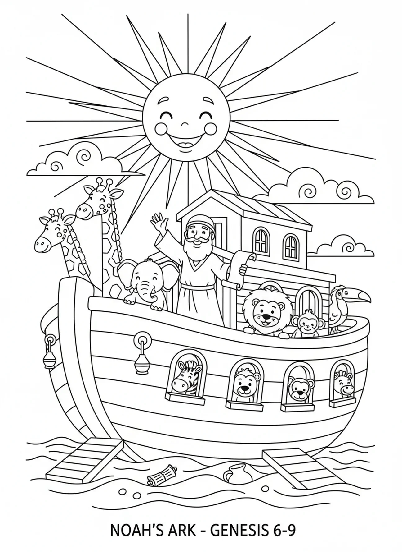 Animais em desenho animado espiando por cima da arca, página de colorir Agradeça ao Senhor para crianças da Escola Dominical de 5 a 12 anos.