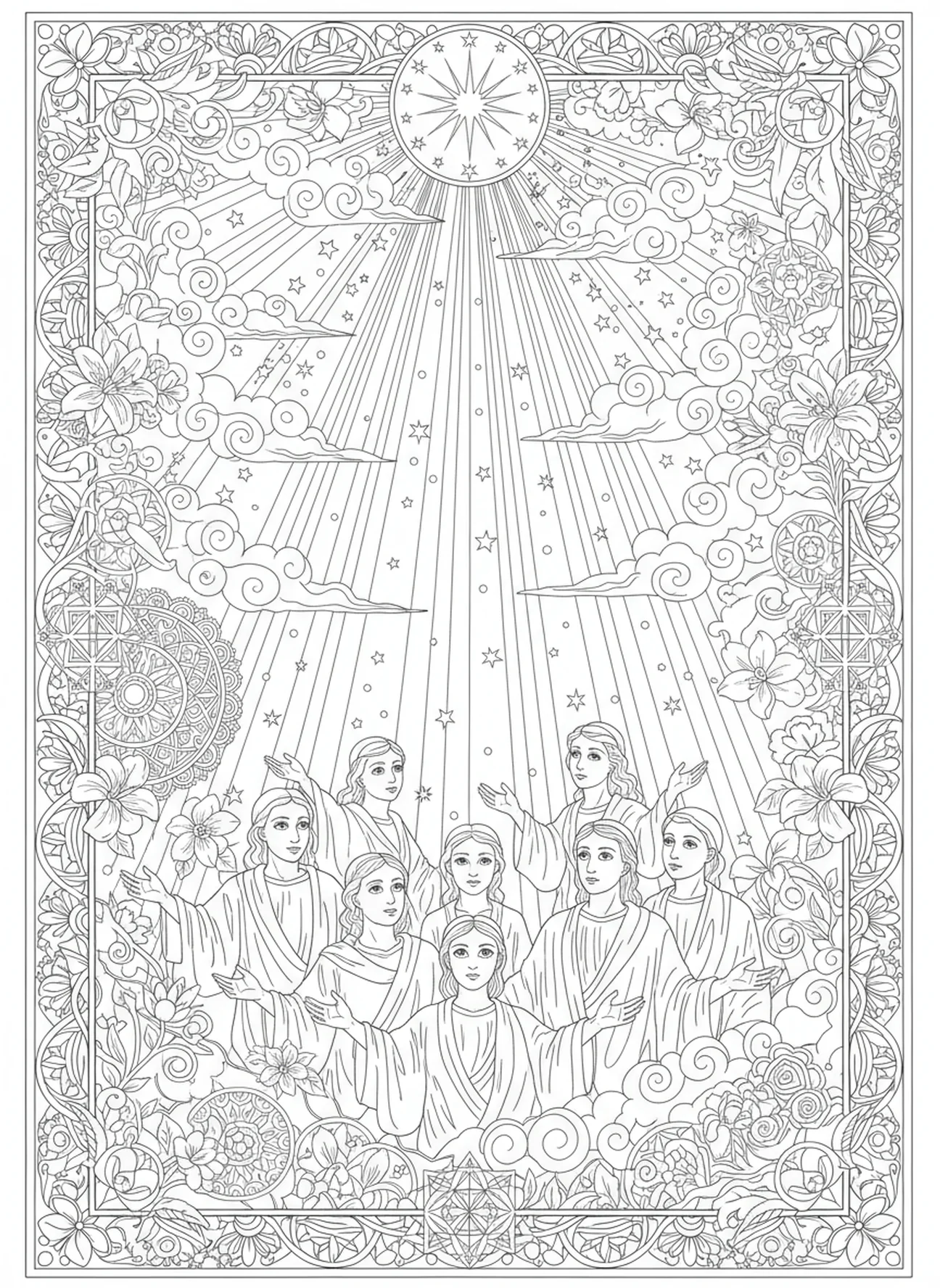 Vision du ciel avec des rayons de lumière, Hébreux 12:2 Fixez vos yeux sur Jésus page à colorier pour adultes dans un style de journal biblique.