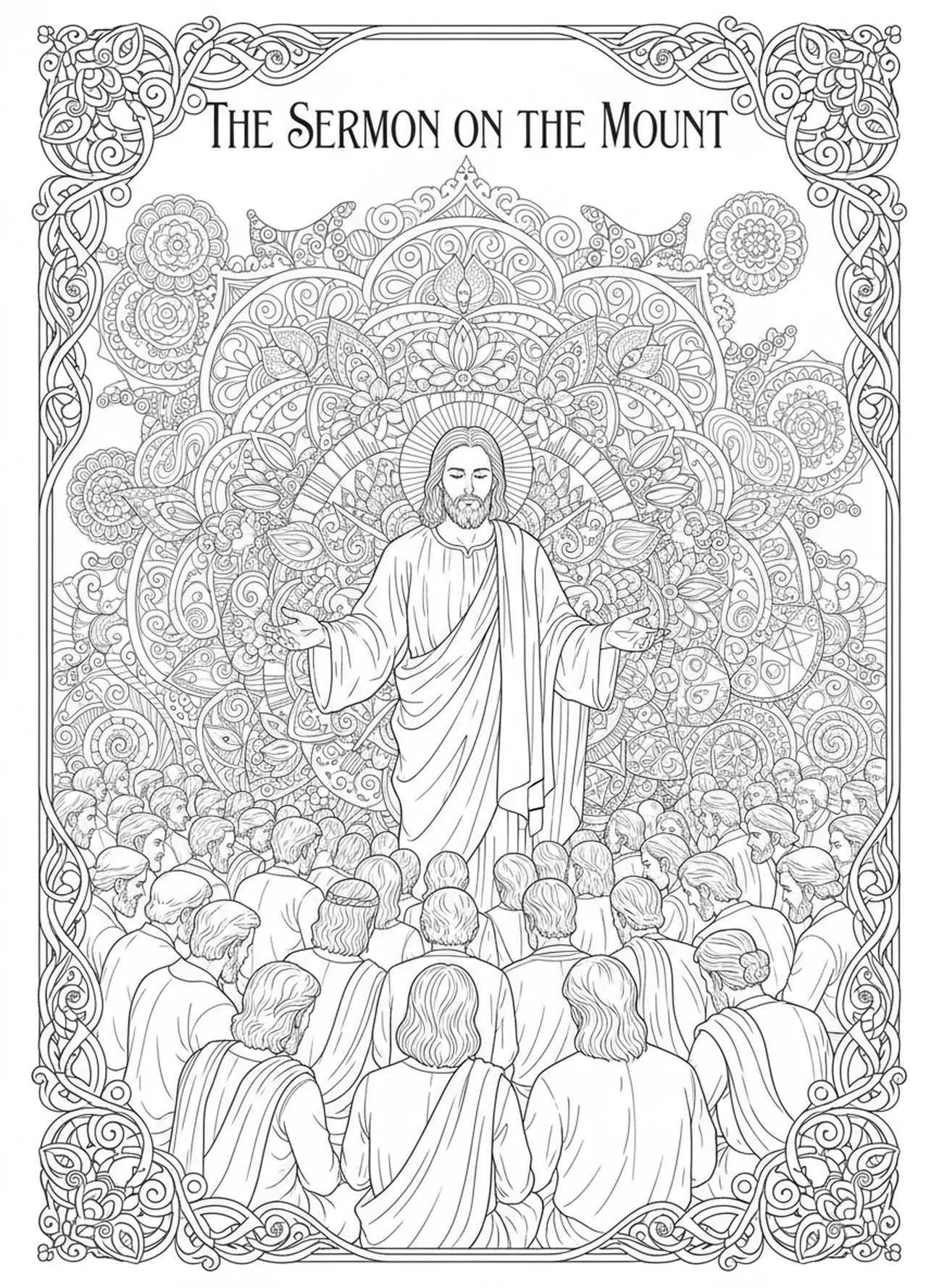 Jésus enseignant une foule, Hébreux 12:2 Fixez vos yeux sur Jésus page à colorier pour adultes dans un style de journal biblique.
