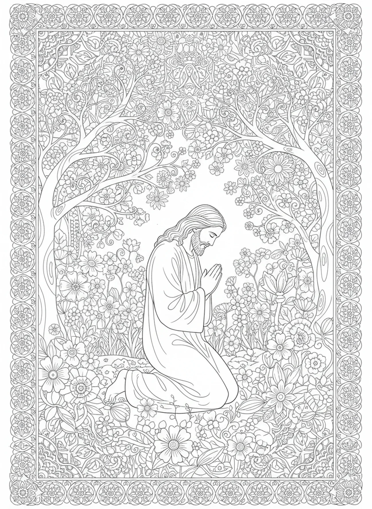 Jésus agenouillé dans un jardin, Hébreux 12:2 Fixez vos yeux sur Jésus page à colorier pour adultes dans un style de journal biblique.