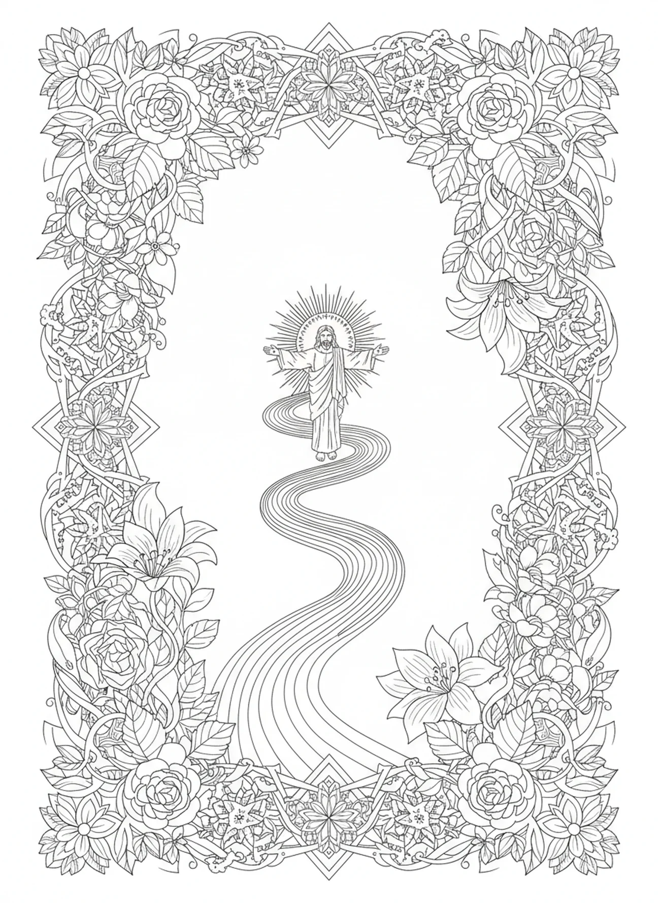 Chemin sinueux menant à Jésus, Hébreux 12:2 Fixez vos yeux sur Jésus page à colorier pour adultes dans un style de journal biblique.