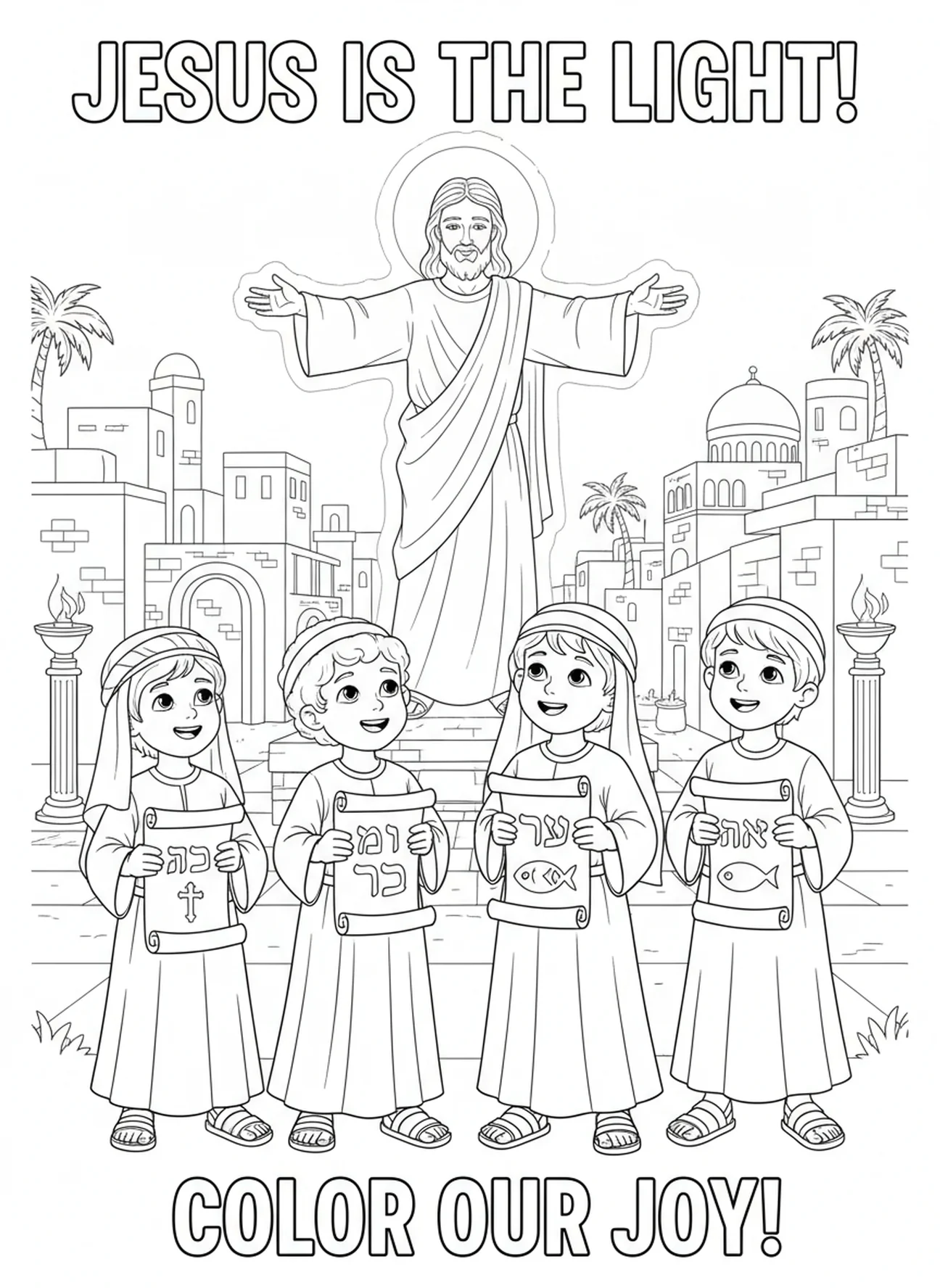 Crianças segurando pergaminhos, Hebreus 12:2 Fixem os Olhos em Jesus, página de colorir para a Escola Dominical para crianças de 5 a 12 anos.