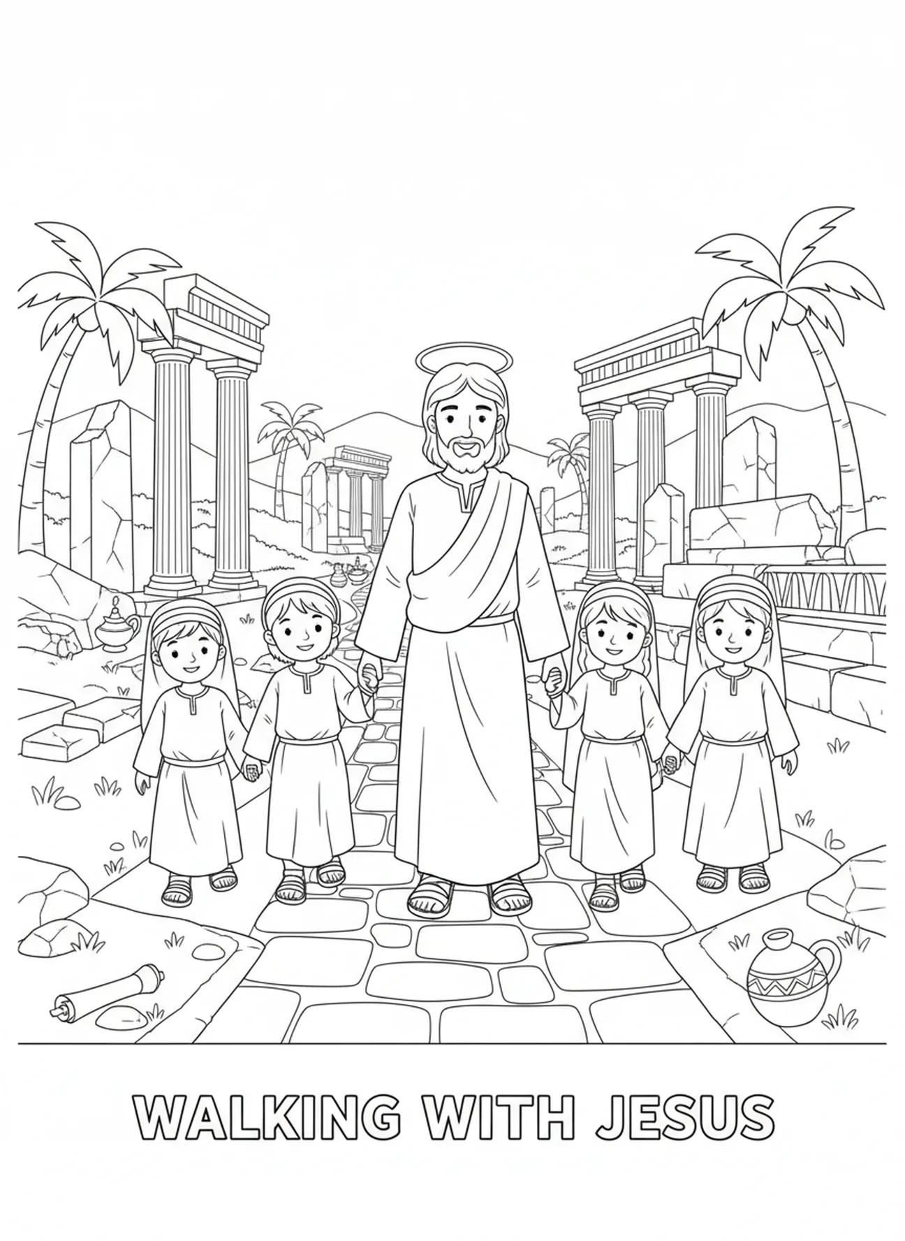 Crianças caminhando de mãos dadas com Jesus, Hebreus 12:2 Olhando para Jesus página para colorir para crianças da Escola Dominical de 5 a 12 anos.