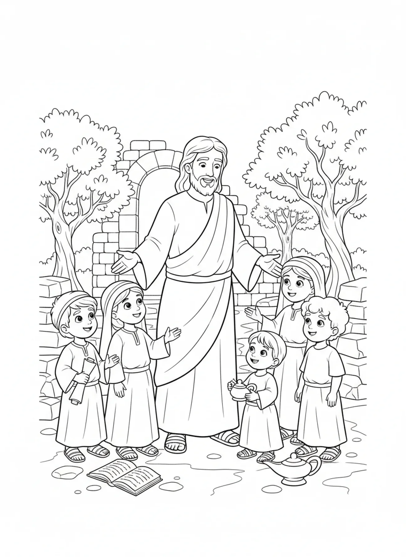 Jesus abençoando crianças, Hebreus 12:2 Fijai os olhos em Jesus página para colorir para crianças da Escola Dominical de 5 a 12 anos.