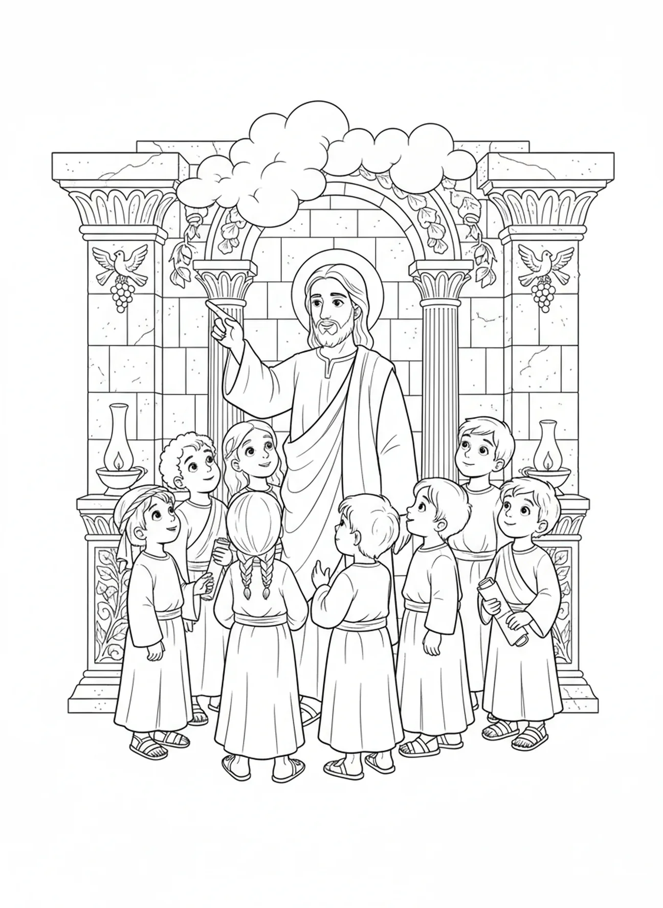 Jesus apontando para o céu, Hebreus 12:2 Fixe os Olhos em Jesus página de colorir para crianças da Escola Dominical de 5 a 12 anos.